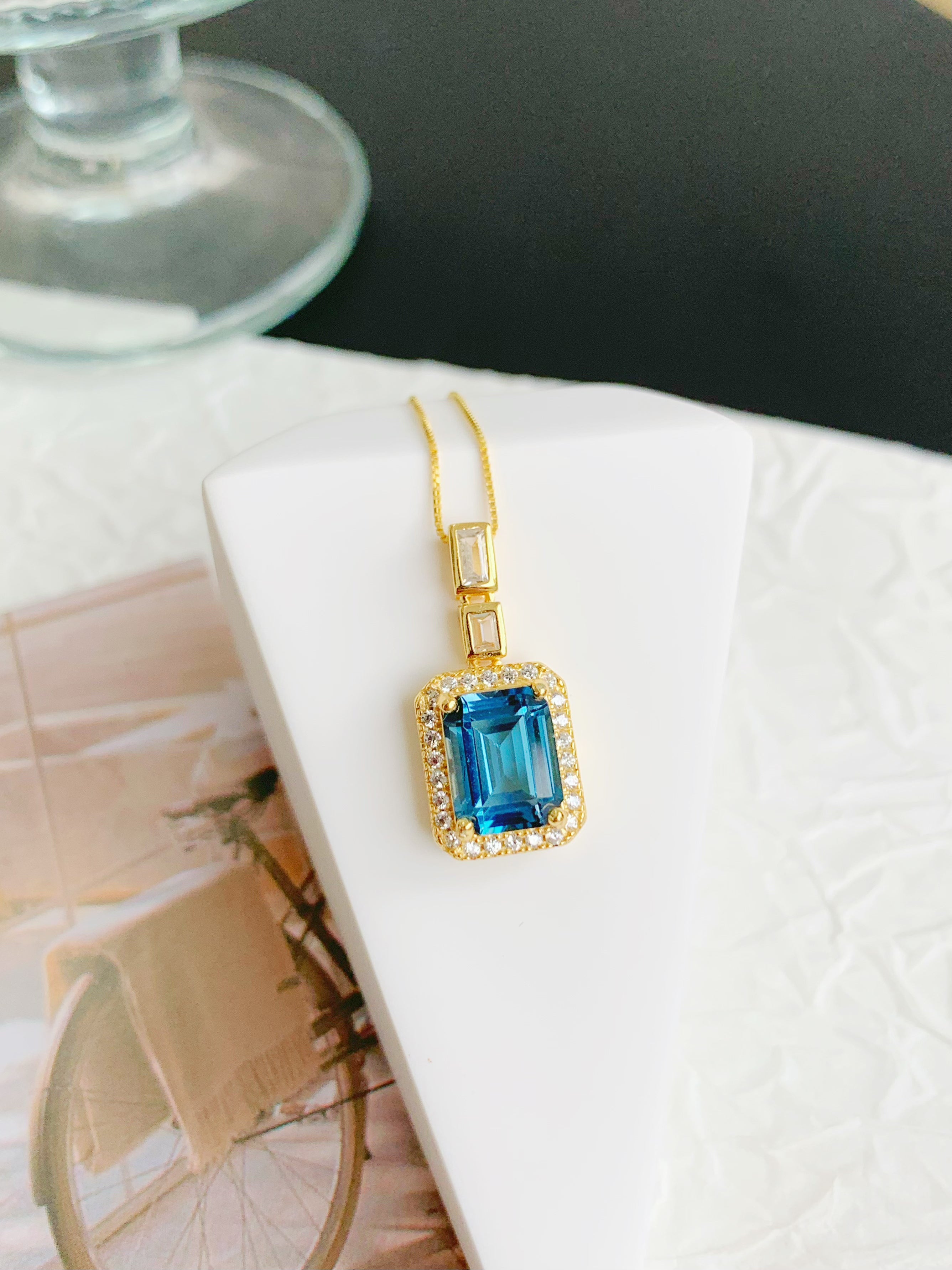 S925 Silver Natural London Blue Topaz Double Step Pendant