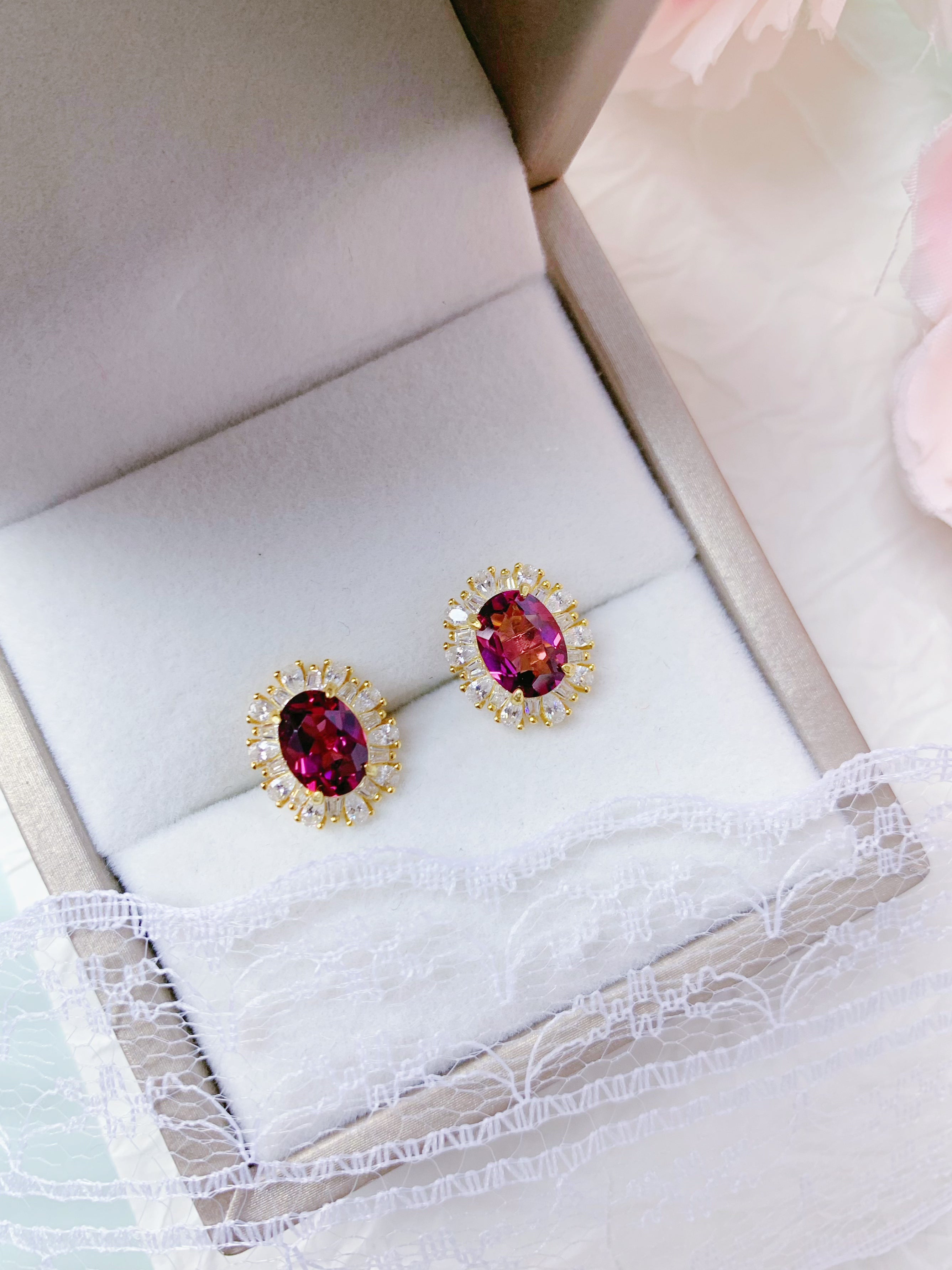 S925 Silver Natural Rhodolite Sunflower Oval Earrings