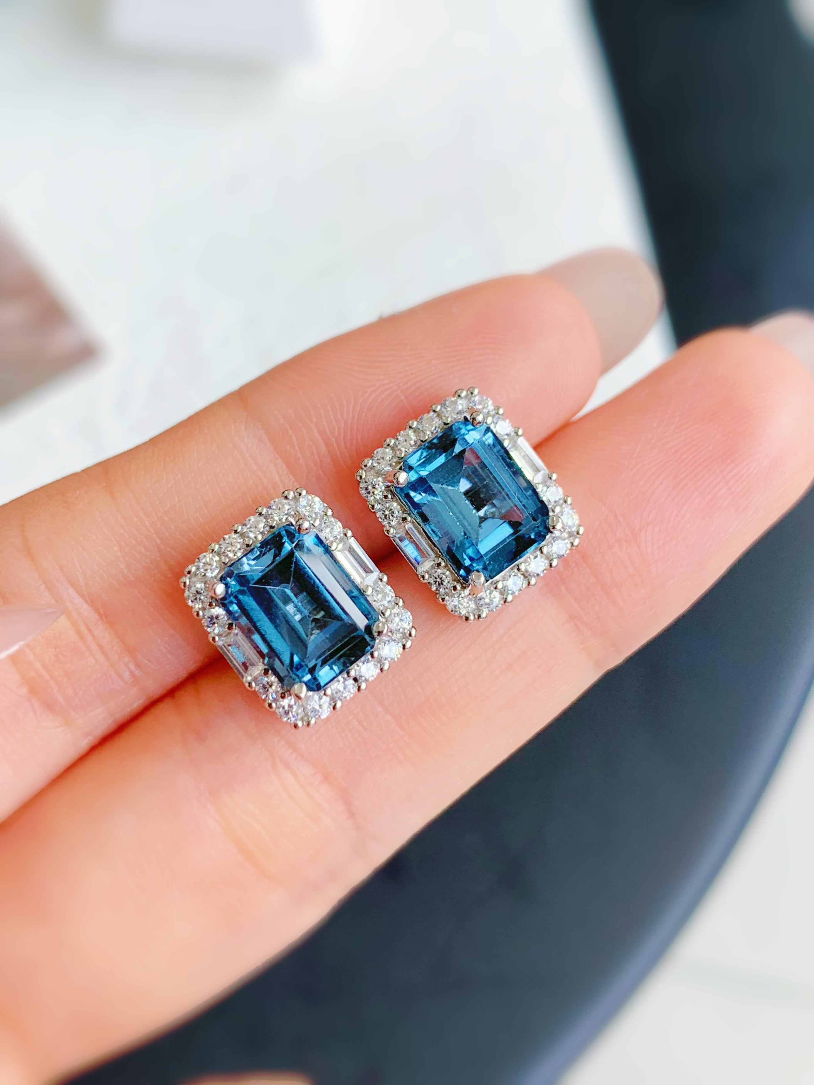 S925 Silver Art Deco Natural London Blue Topaz Stud Earrings