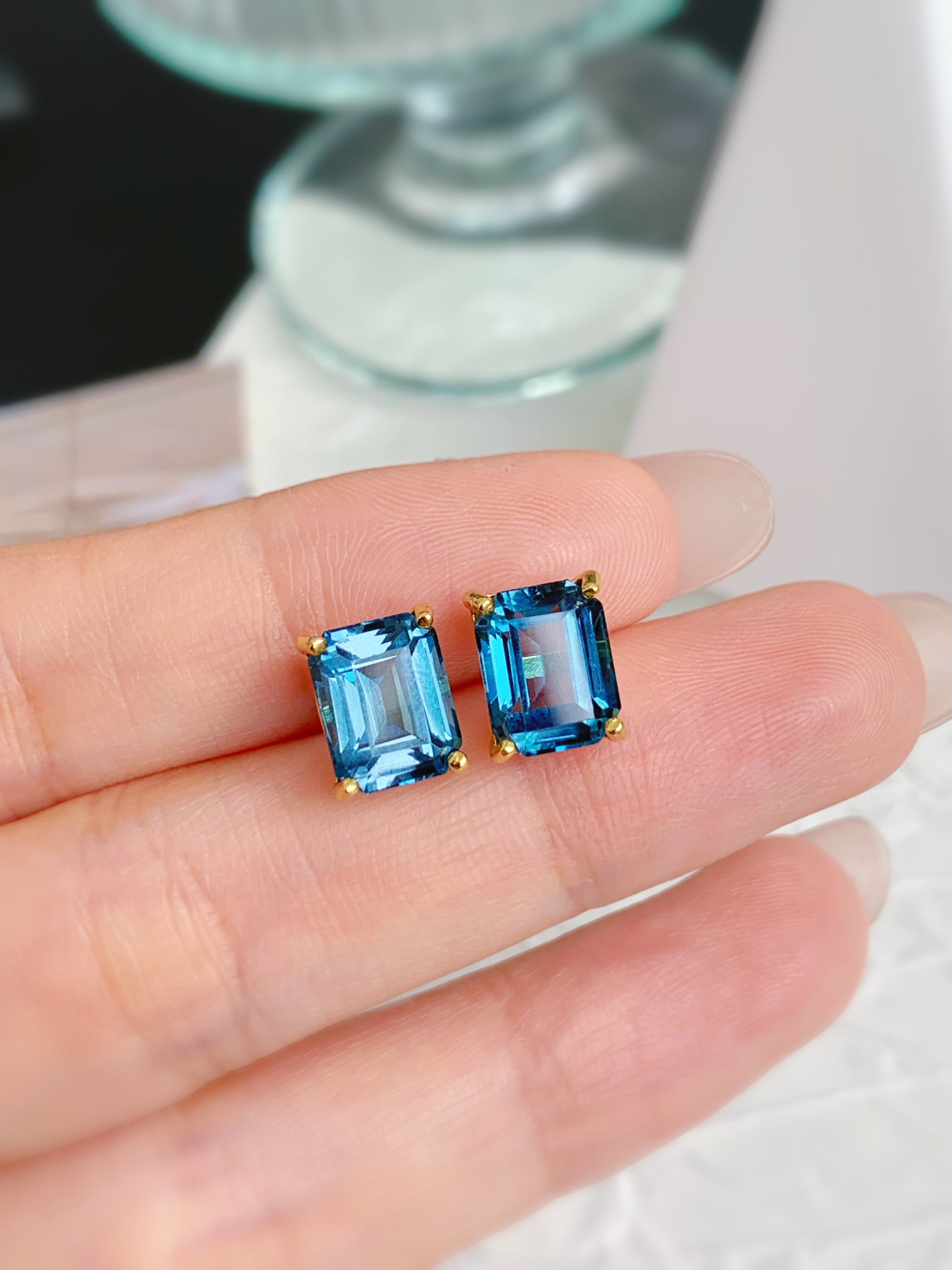 S925 Silver Emerald Cut Natural London Blue Topaz Gold Earrings