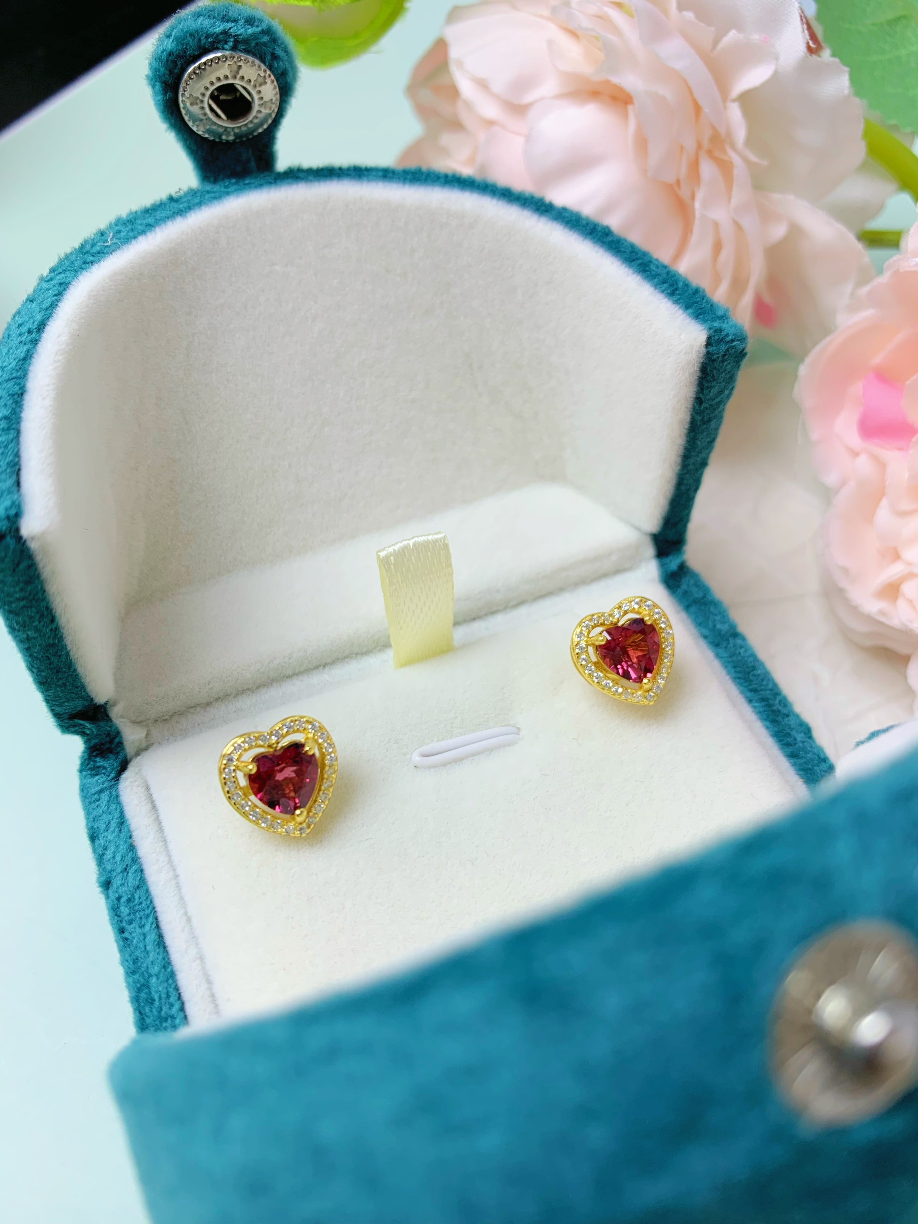 S925 Silver Natural Rhodolite Heart Halo Danity Earrings