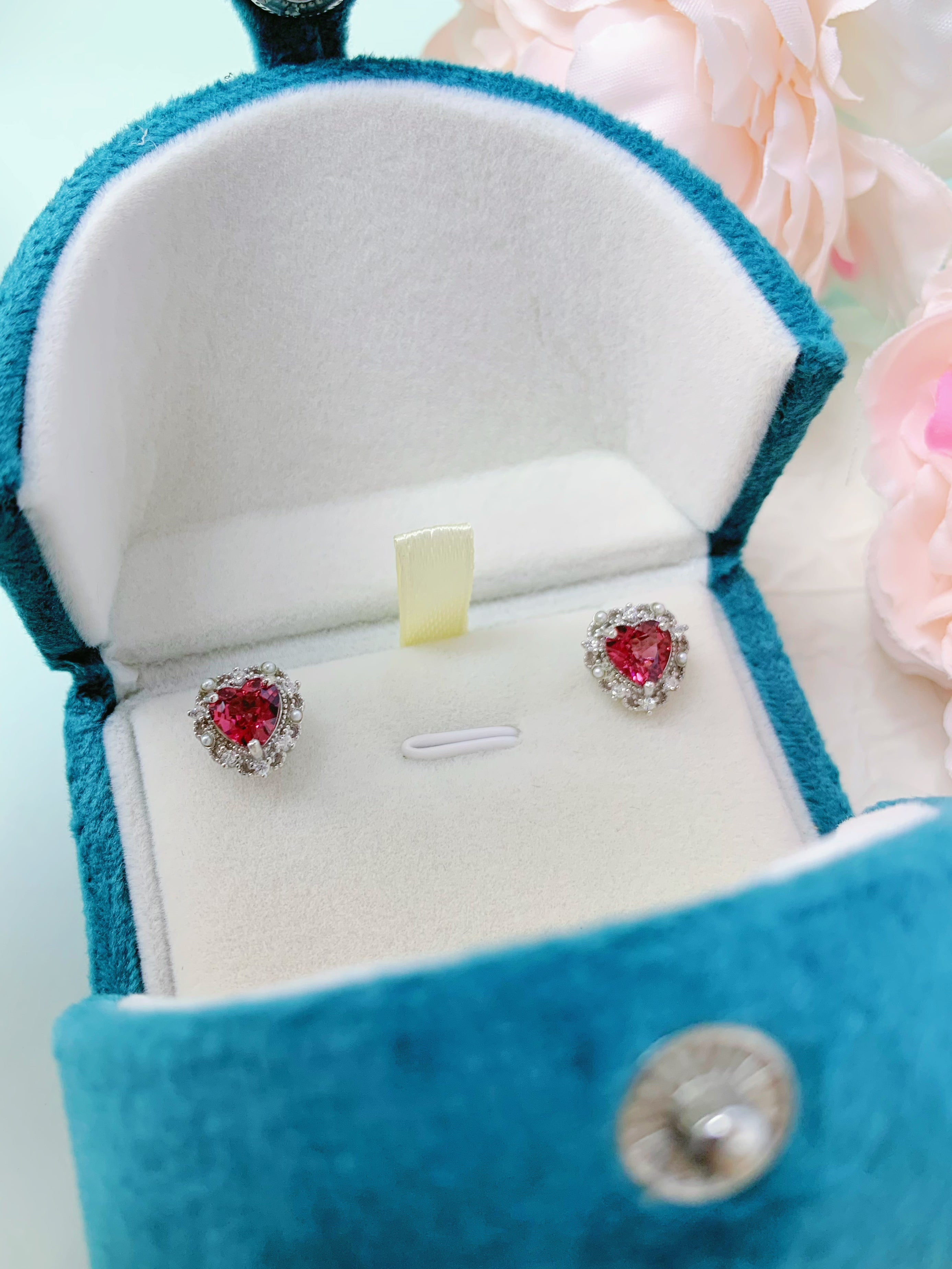 S925 Silver Natural Rhodolite Heart Pearl Halo Earrings