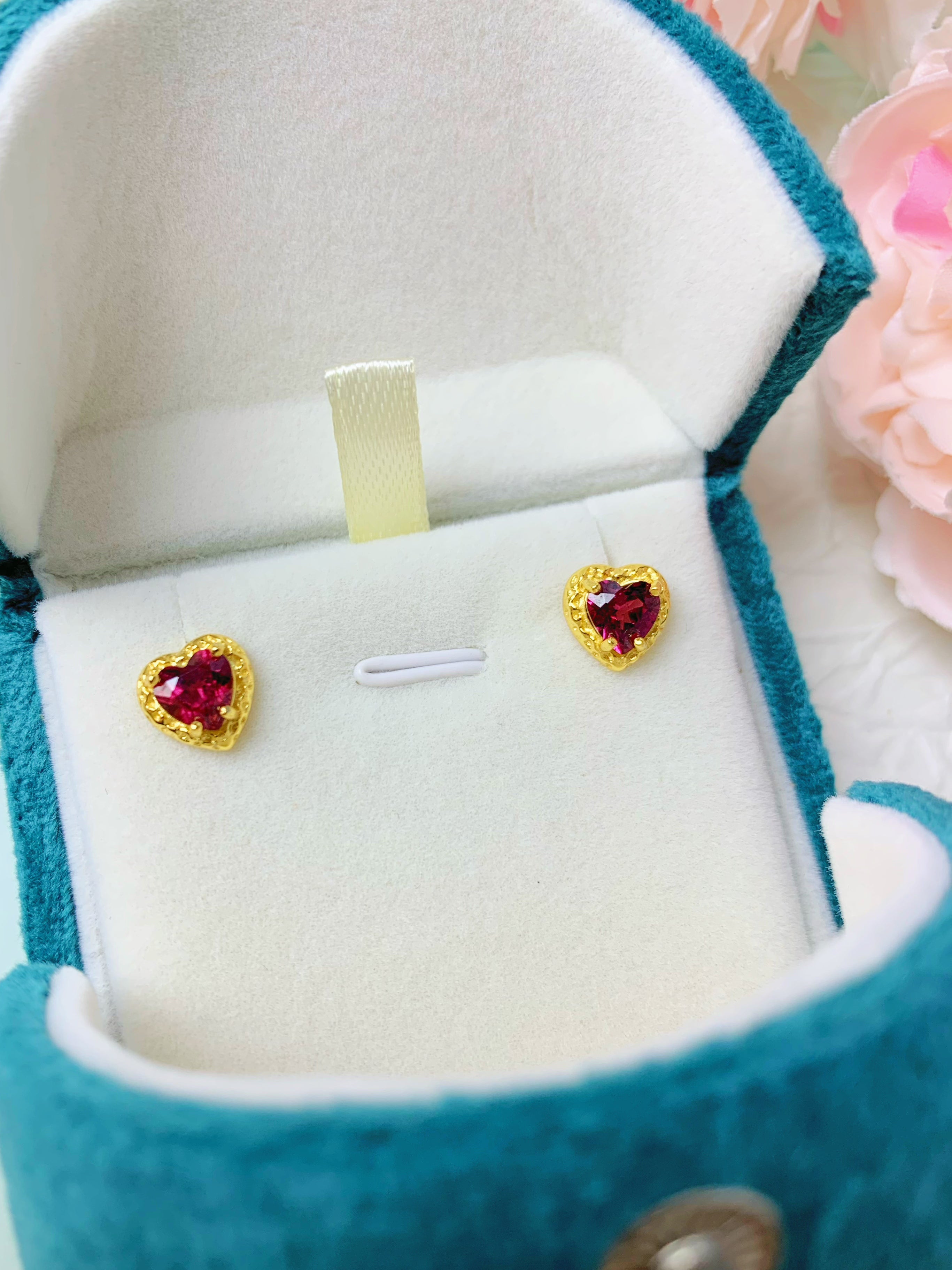 S925 Silver Natural Rhodolite Heart Halo Danity Earrings Without CZ