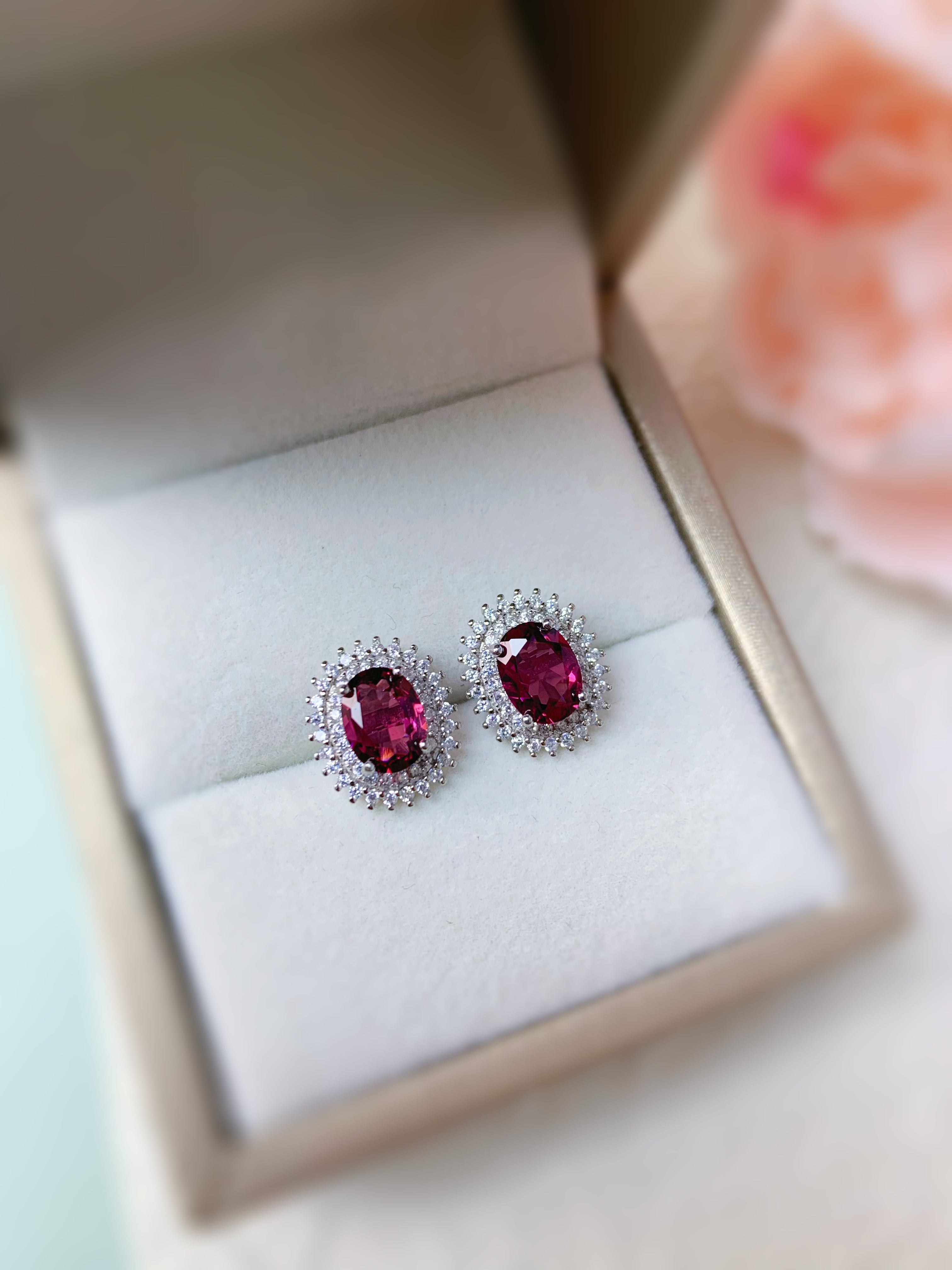 S925 Silver Natural Rhodolite Oval Double Halo Earrings