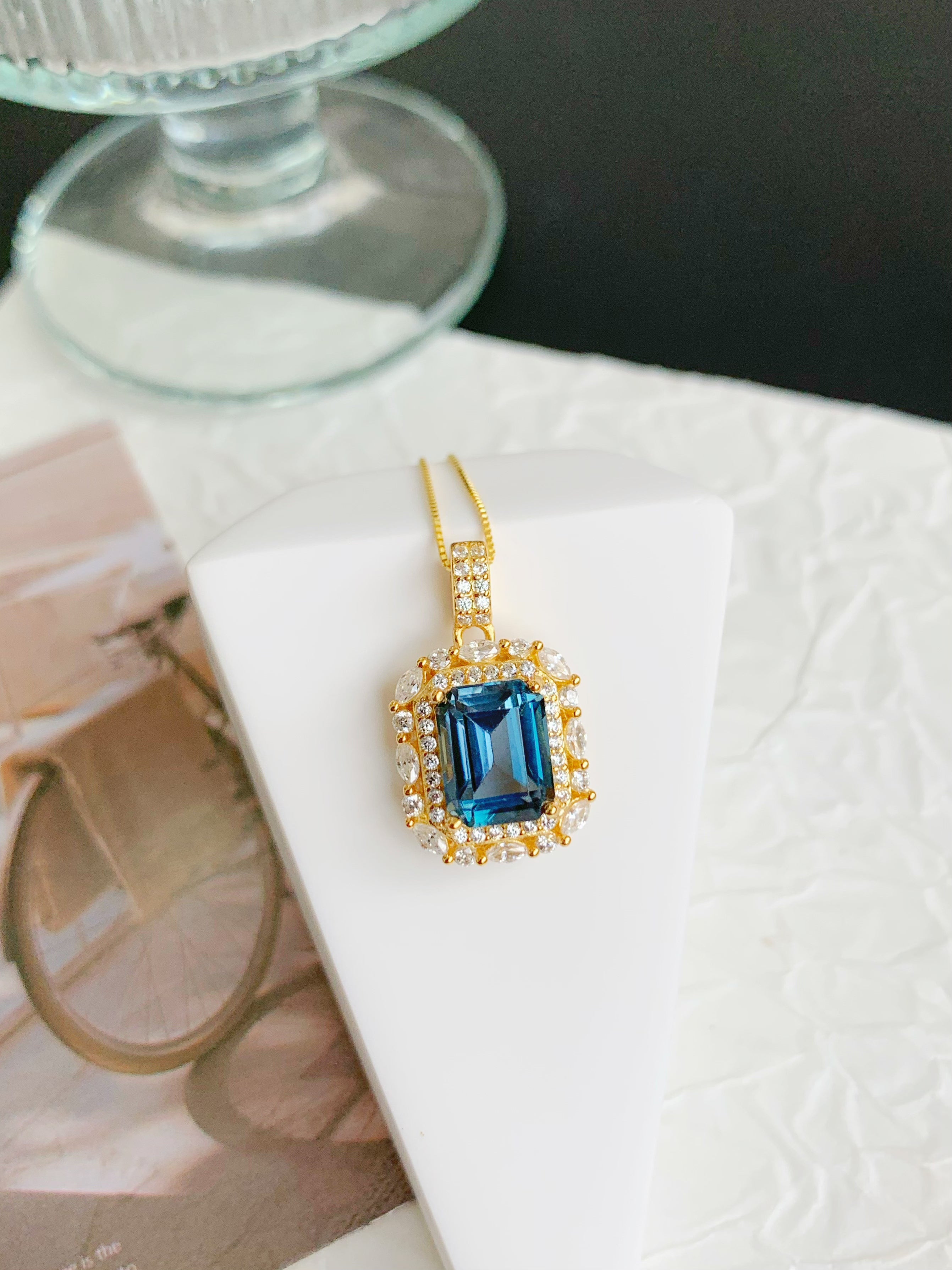 S925 Silver Natural London Blue Topaz Marquise Halo Pendant