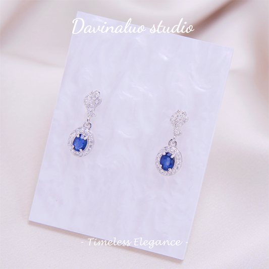 S925 Silver Natural Sapphire Oval Egg Earrings LBSE007