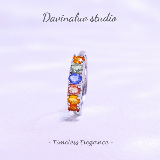 S925 Silver Natural Sapphire Colorful Sapphire Row Ring LBSR041