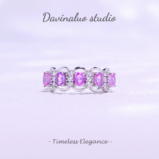 S925 Silver Natural Sapphire Pink Sapphire Row Ring LBSR042