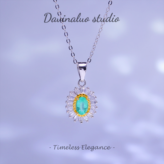 S925 Silver Natural Emerald Full Diamond Sunflower Necklace ZMLN007