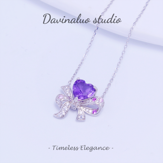S925 Silver Natural Amethyst Bow Necklace ZJN004