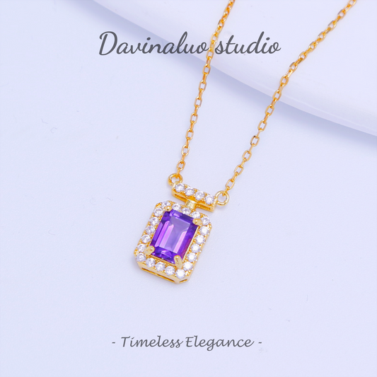 S925 Silver Natural Amethyst Square Cut Necklace ZJN002