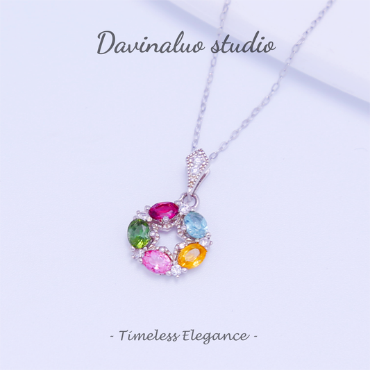 S925 Silver Natural Tourmaline Colorful Donut Necklace BXN005