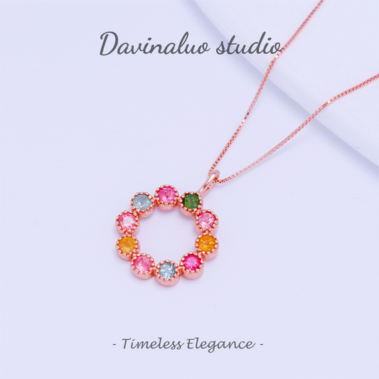 S925 Silver Natural Tourmaline Colorful Donut Necklace BXN006