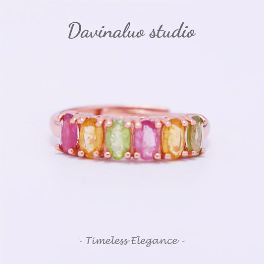 S925 Silver Natural Tourmaline Lucky Rainbow Ring BXR009