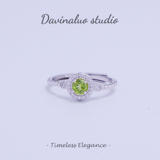 S925 Silver Natural Peridot Round Bag Light Luxury Ring GLR004