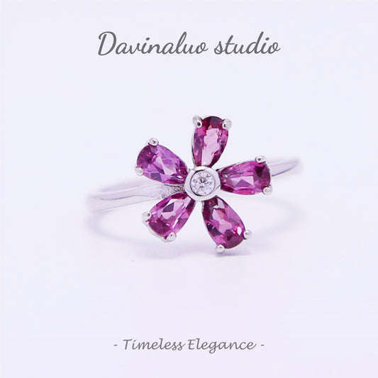 S925 Silver Natural Garnet Personality Flower Ring SLSR017
