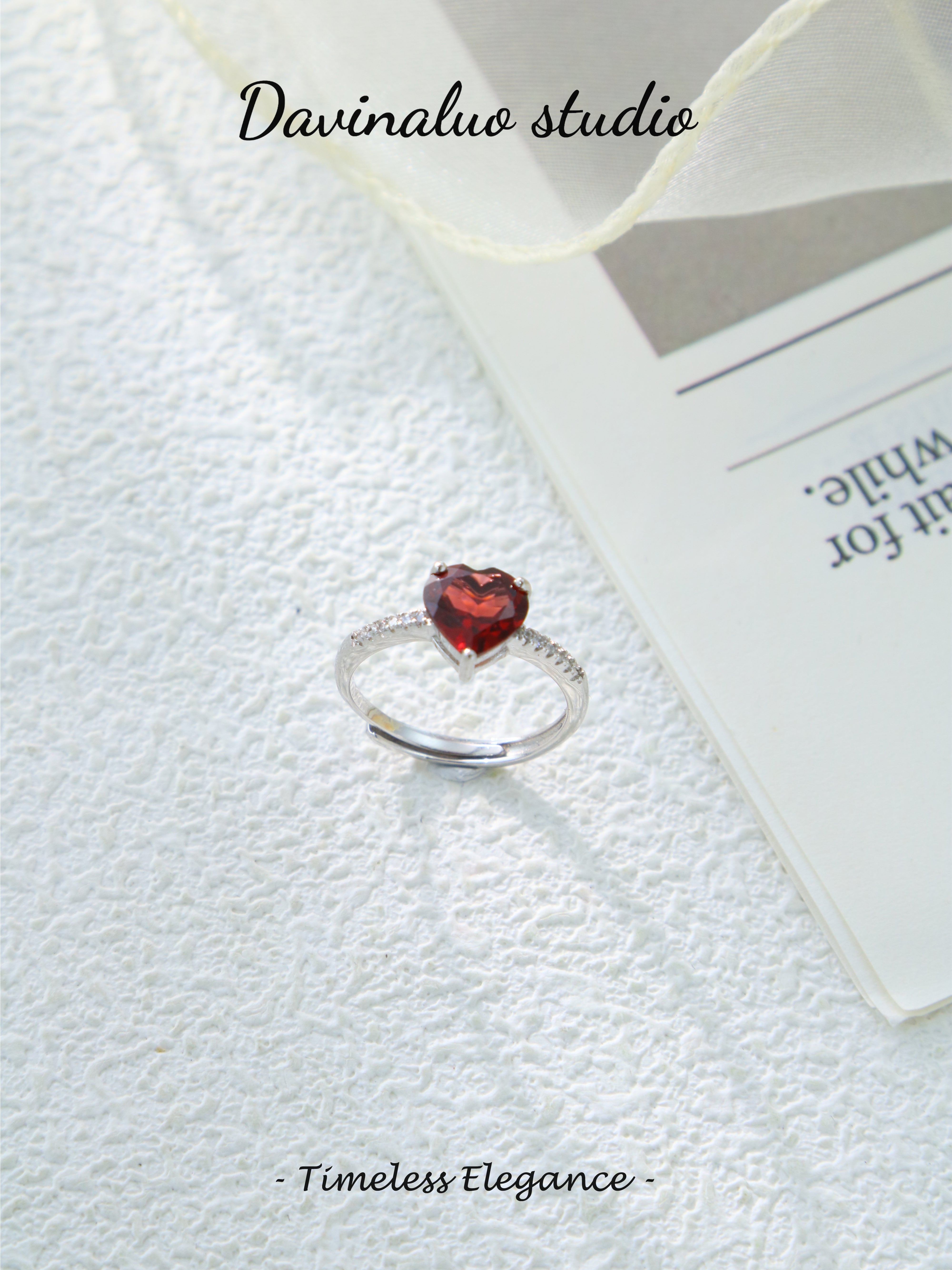 S925 Silver Classic Heart Cut Garnet Ring