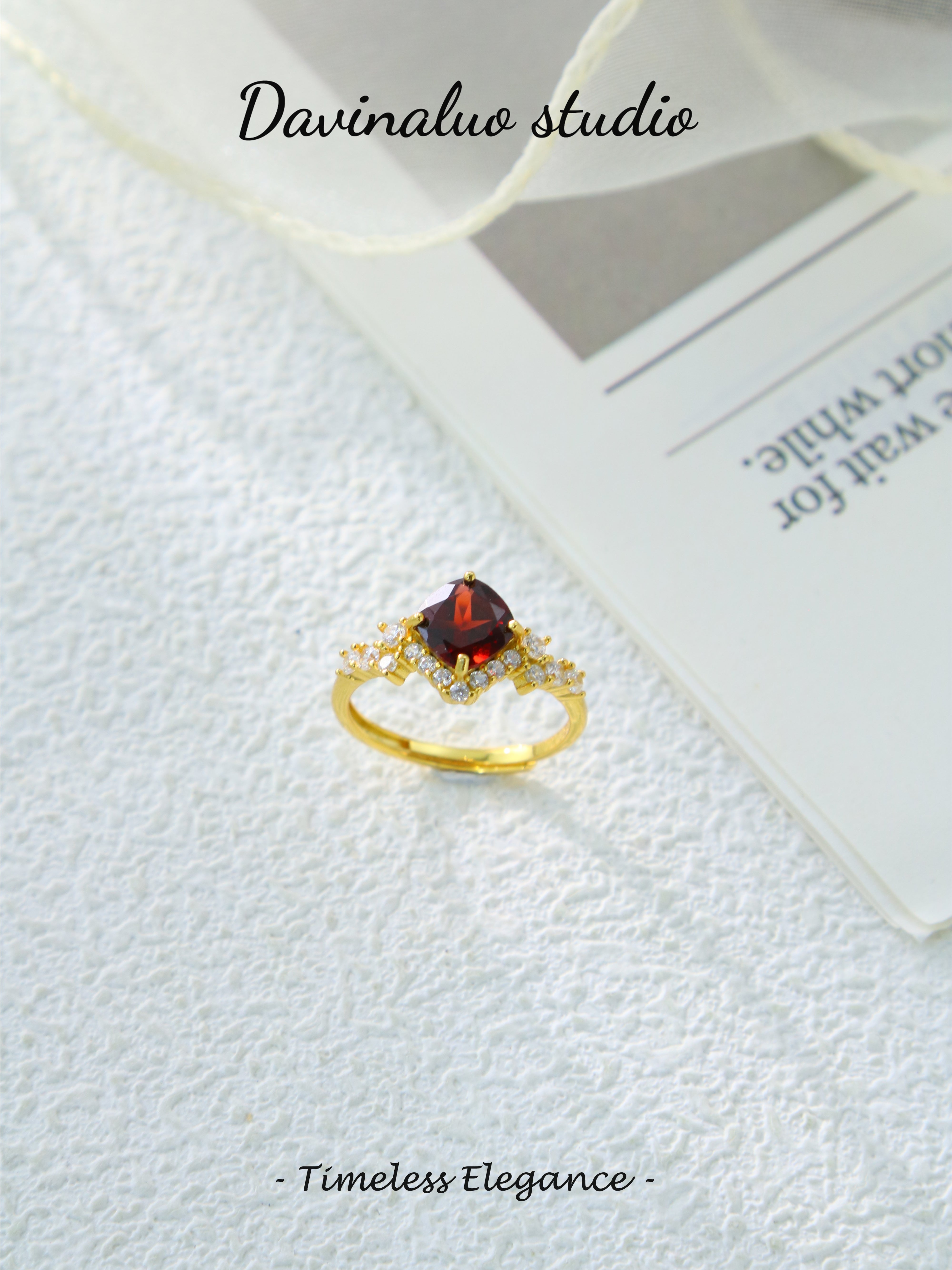 S925 Gold Classic Cushion Cut Garnet Ring