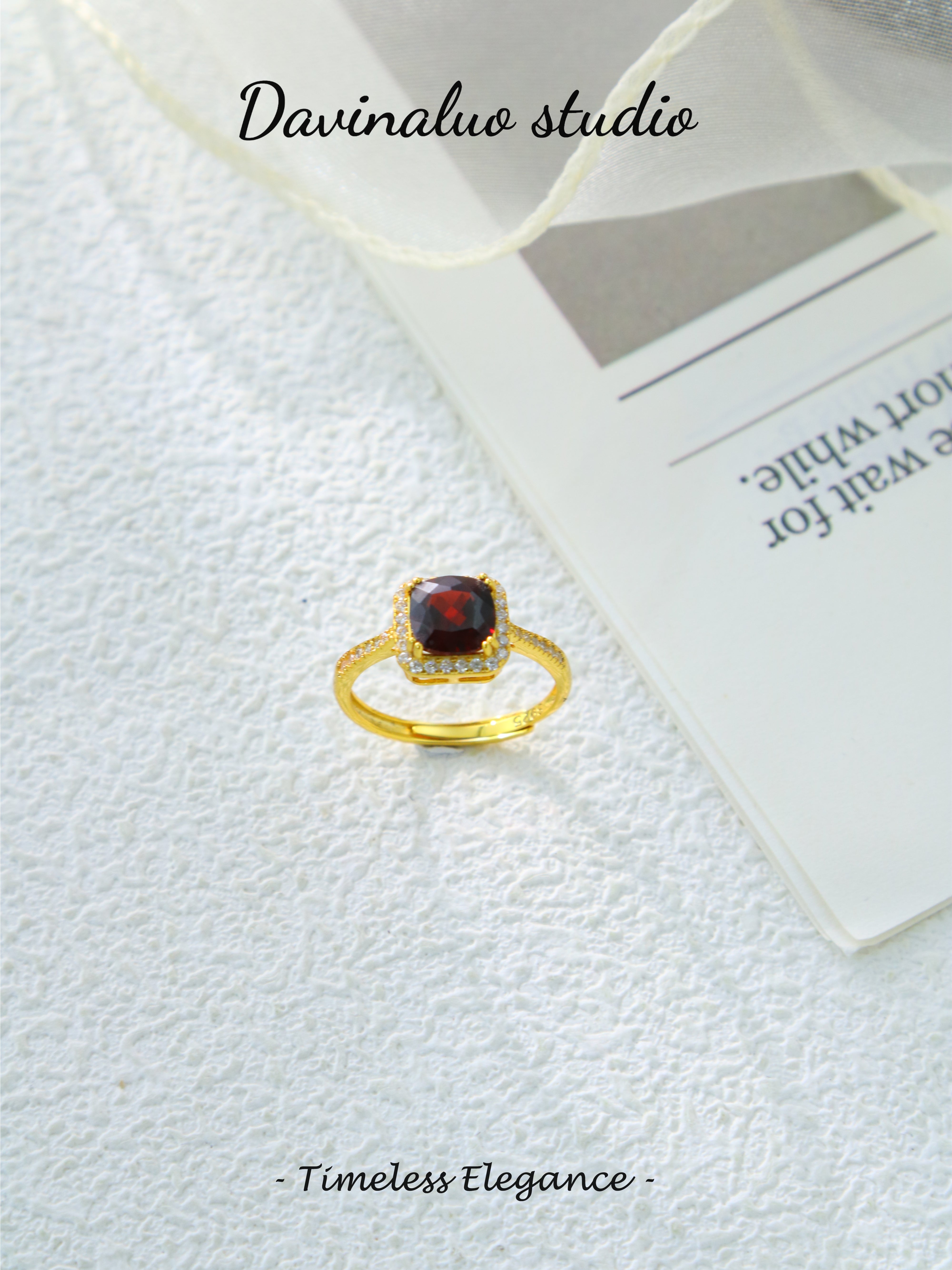 S925 Gold Classic Cushion Cut Garnet Ring