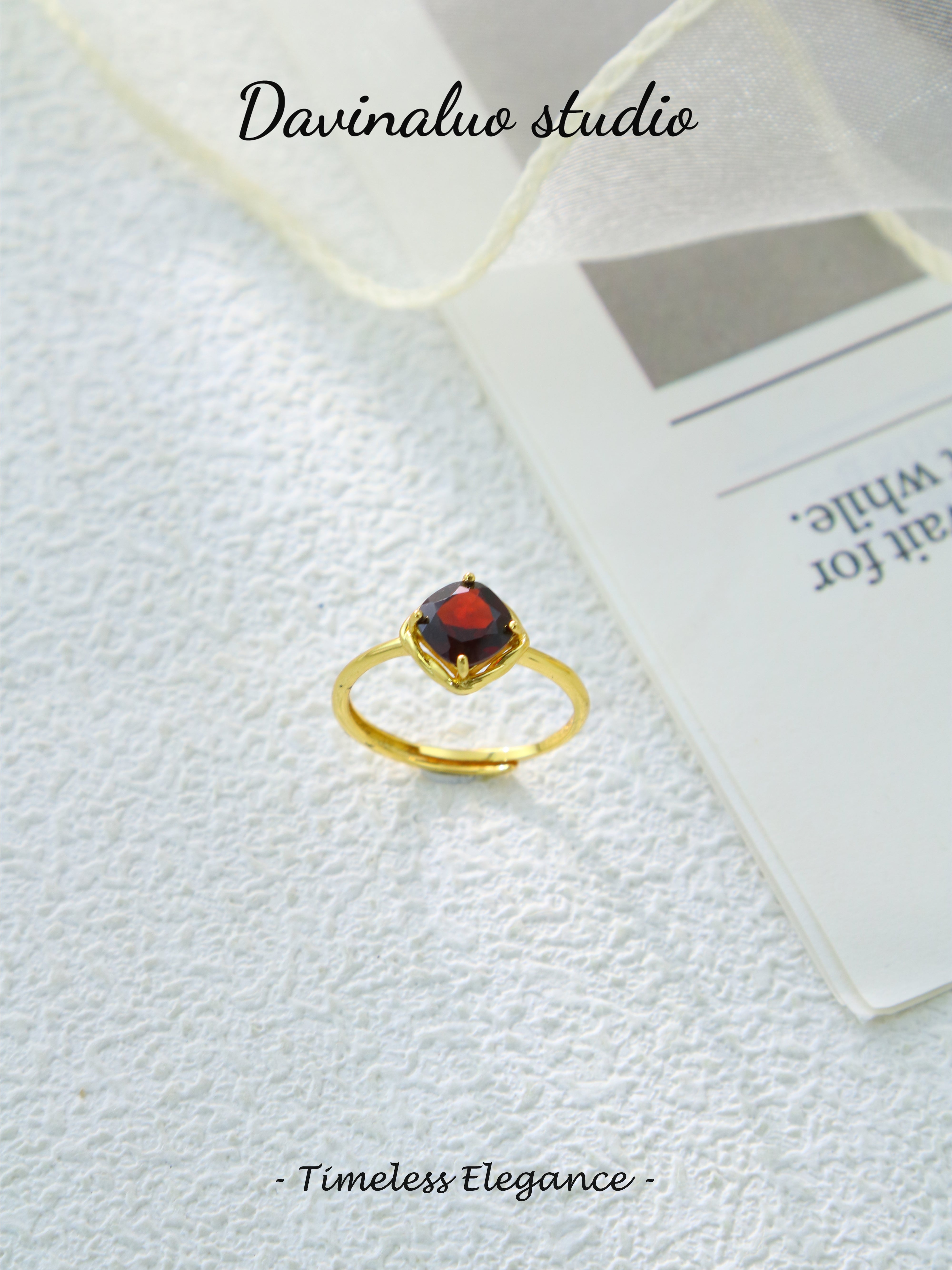 S925 Gold Classic Cushion Cut Garnet Ring