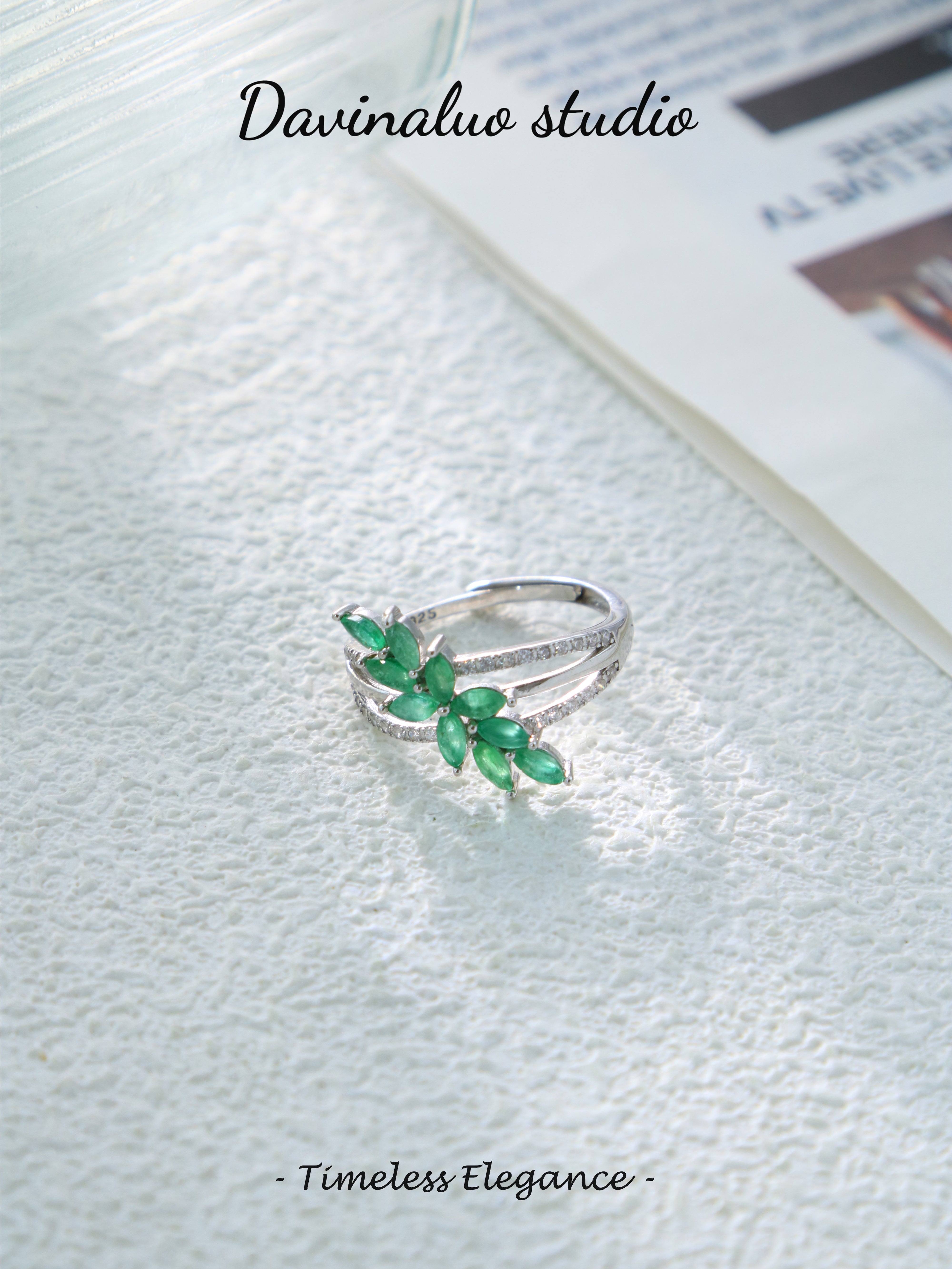S925 Silver Simple Marquise Cut Emerald Ring