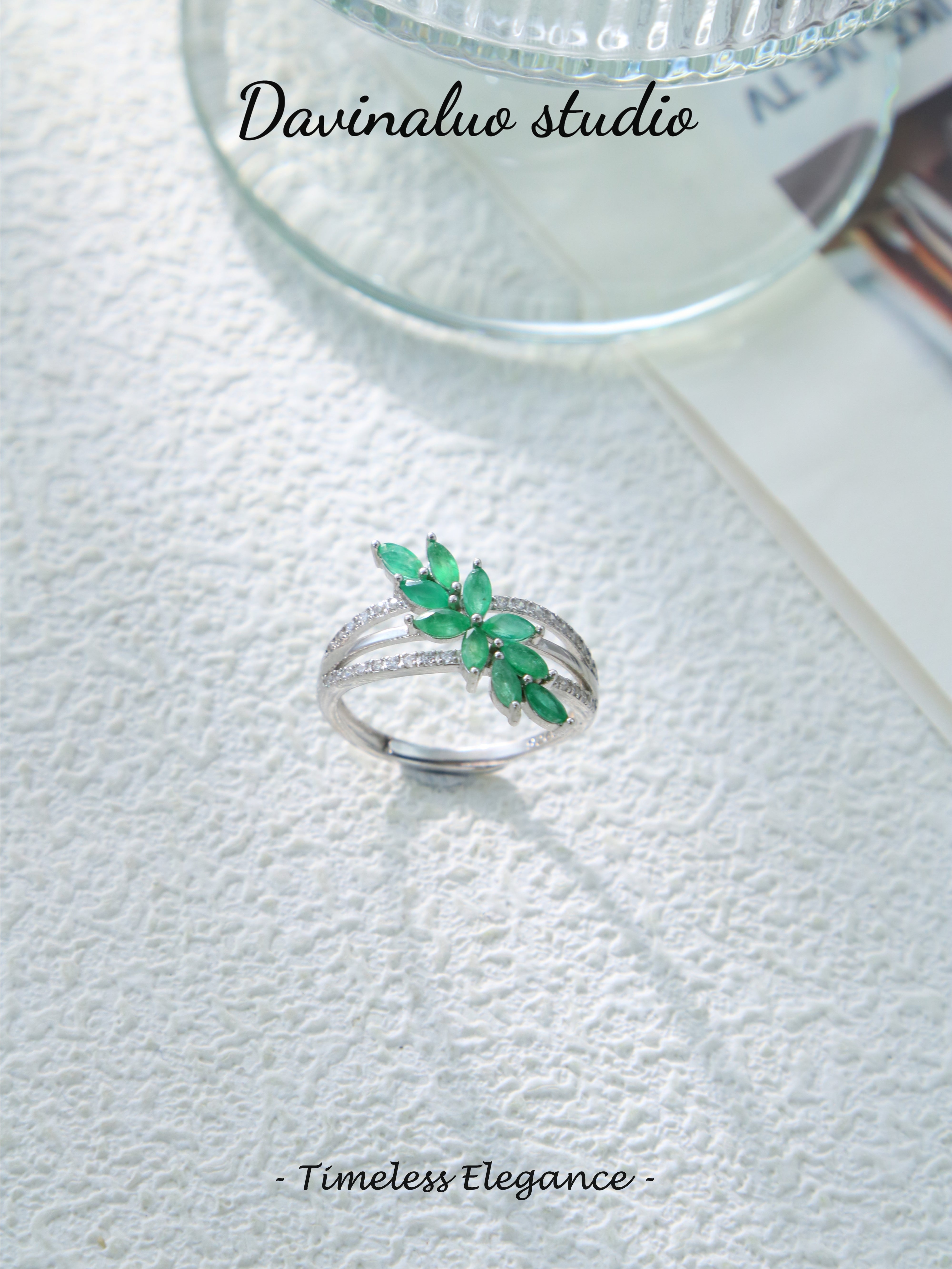 S925 Silver Simple Marquise Cut Emerald Ring