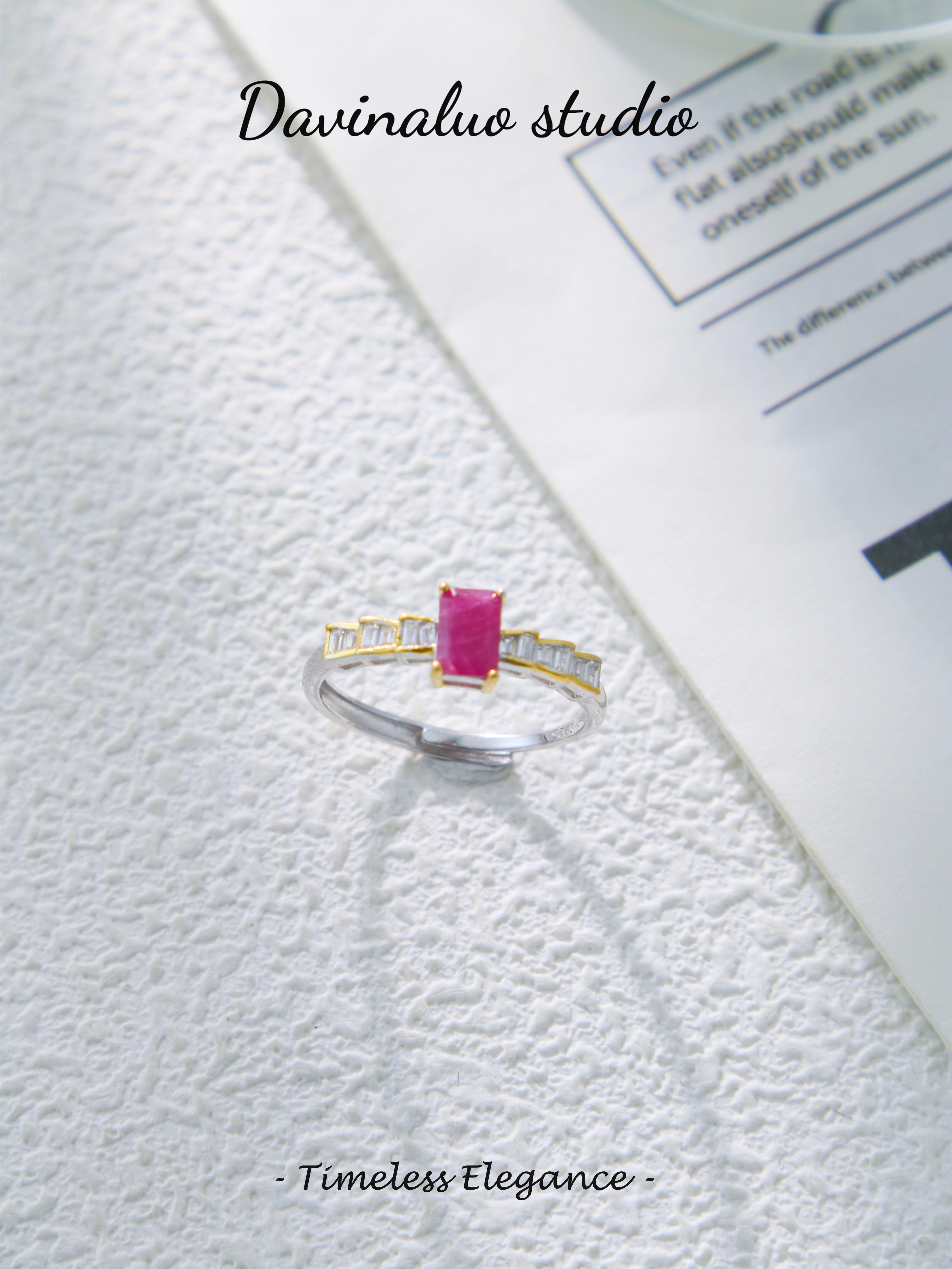 S925 Silver Simple Baguette Cut Ruby Ring