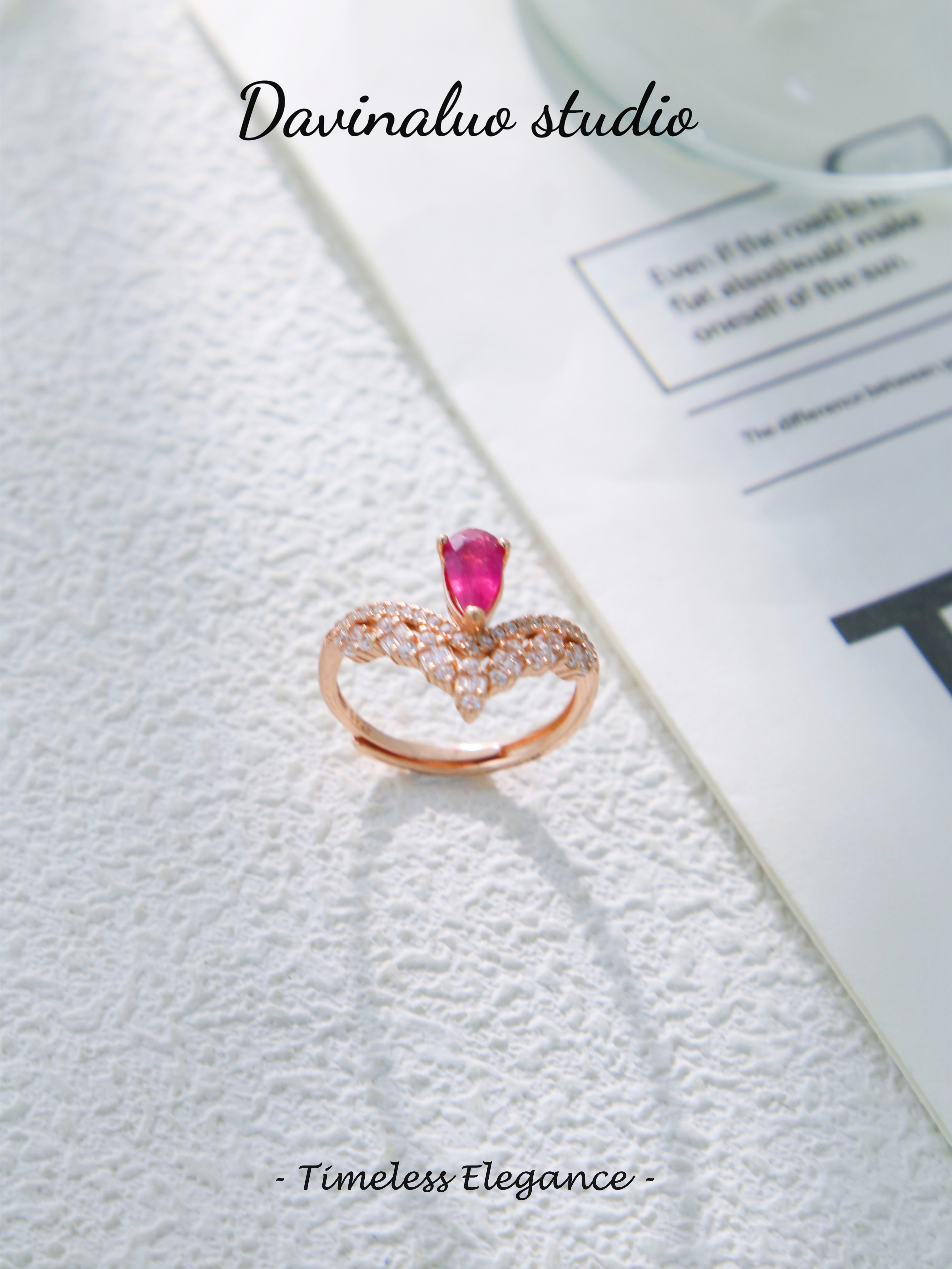S925 Rose Gold Simple Pear Cut Ruby Ring