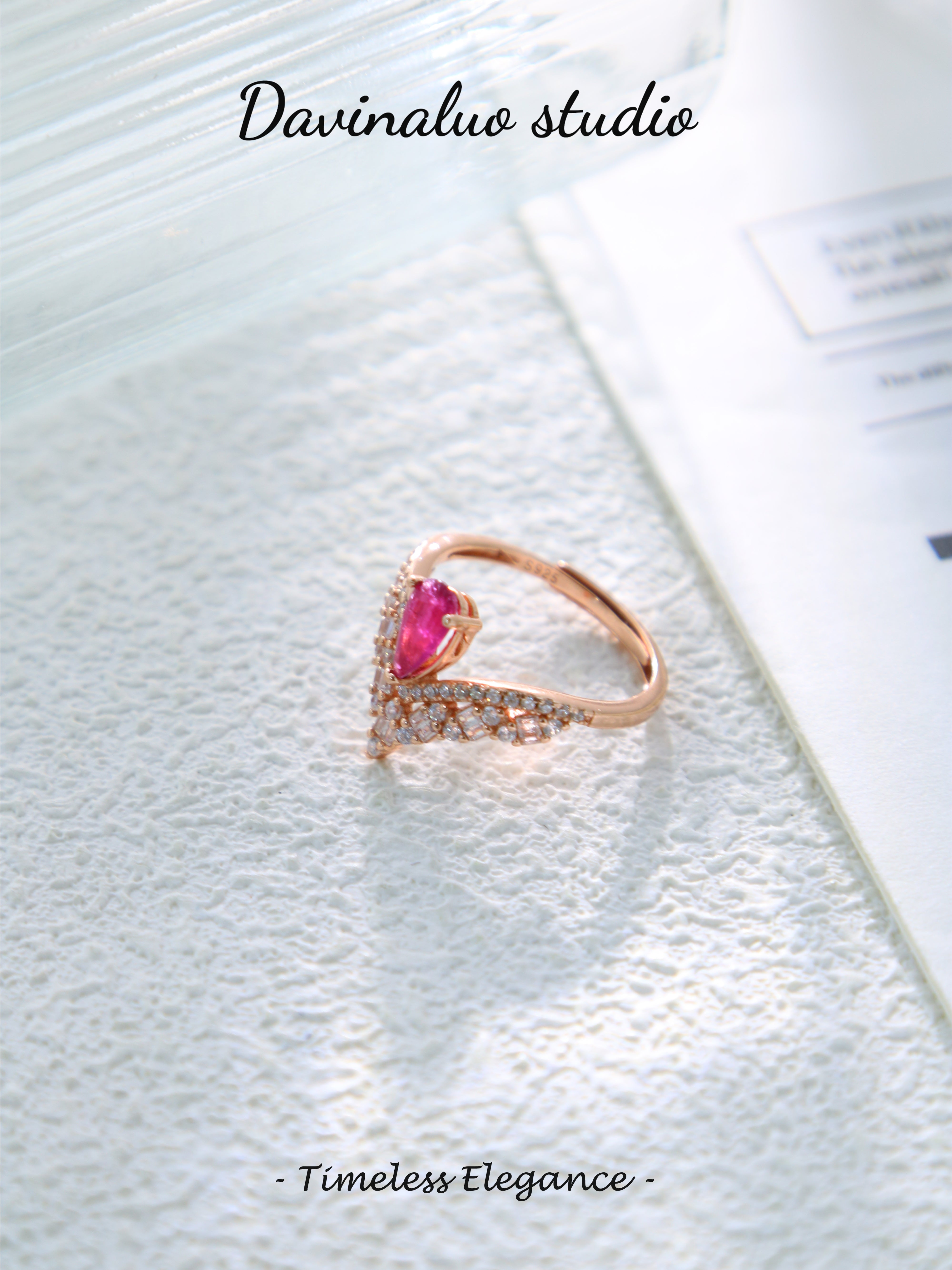 S925 Rose Gold Simple Pear Cut Ruby Ring