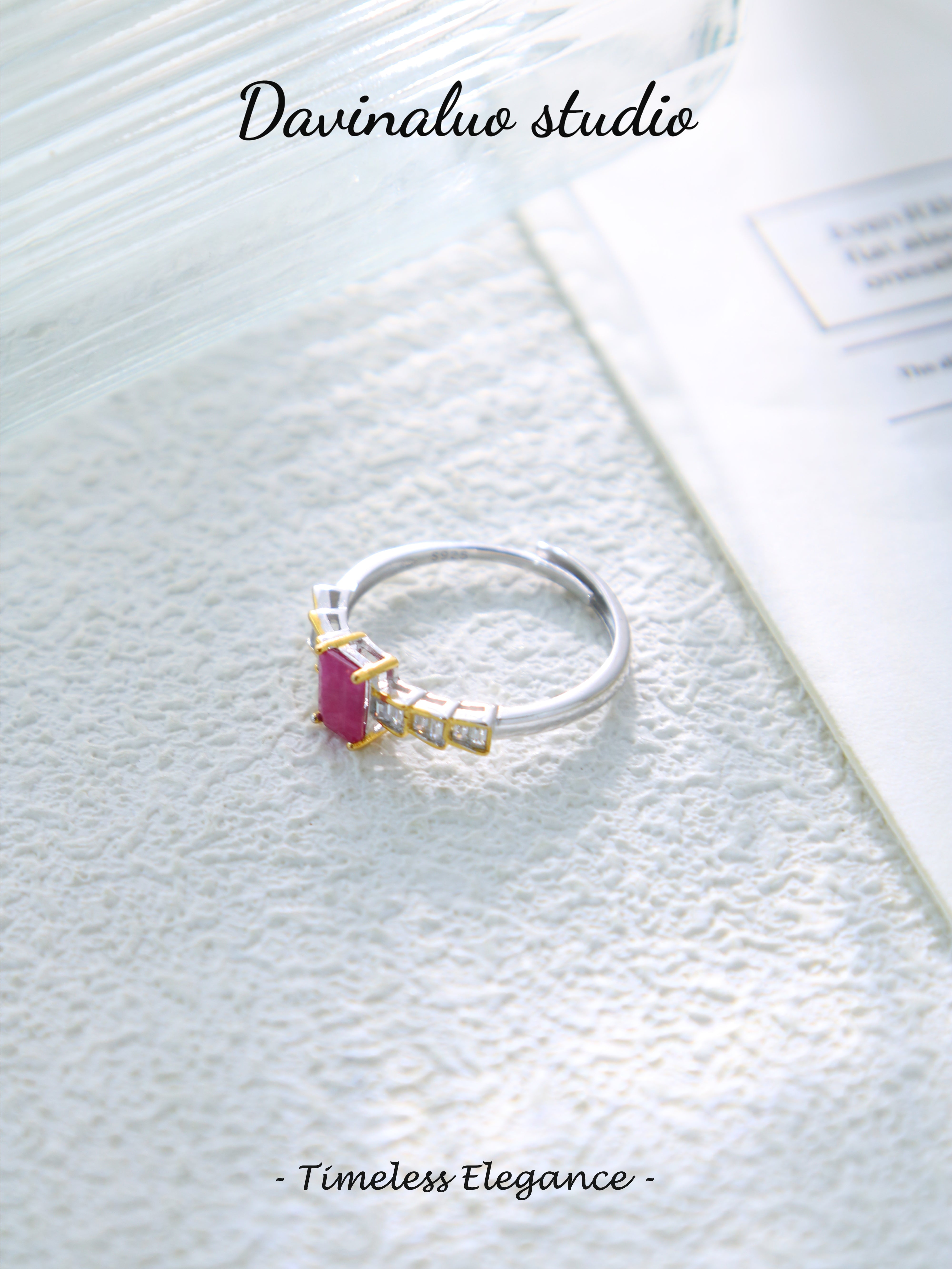 S925 Silver Simple Baguette Cut Ruby Ring
