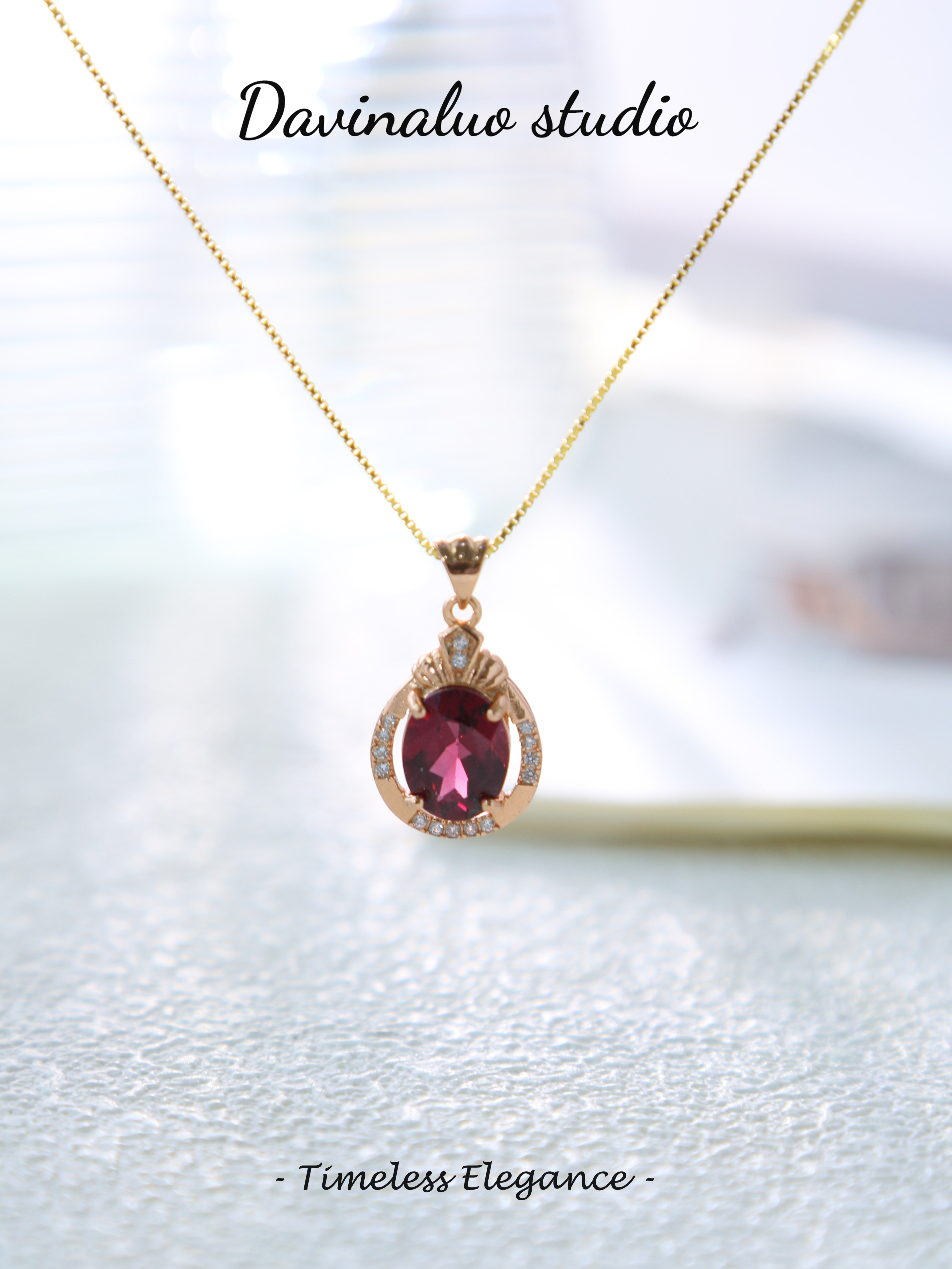 S925 Rose Gold Simple Oval Cut Garnet Pendant
