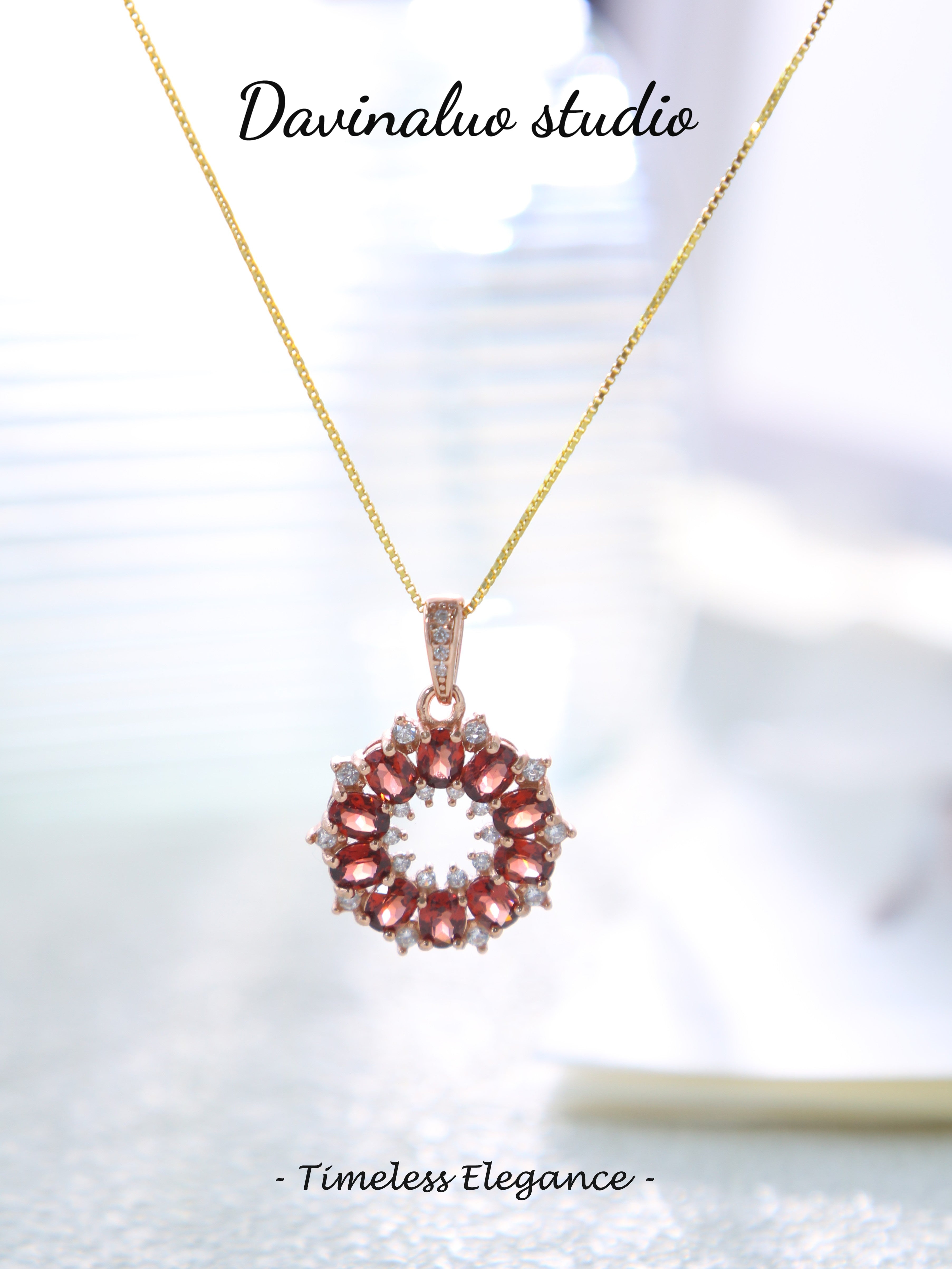 S925 Rose Gold Simple Oval Cut Garnet Pendant