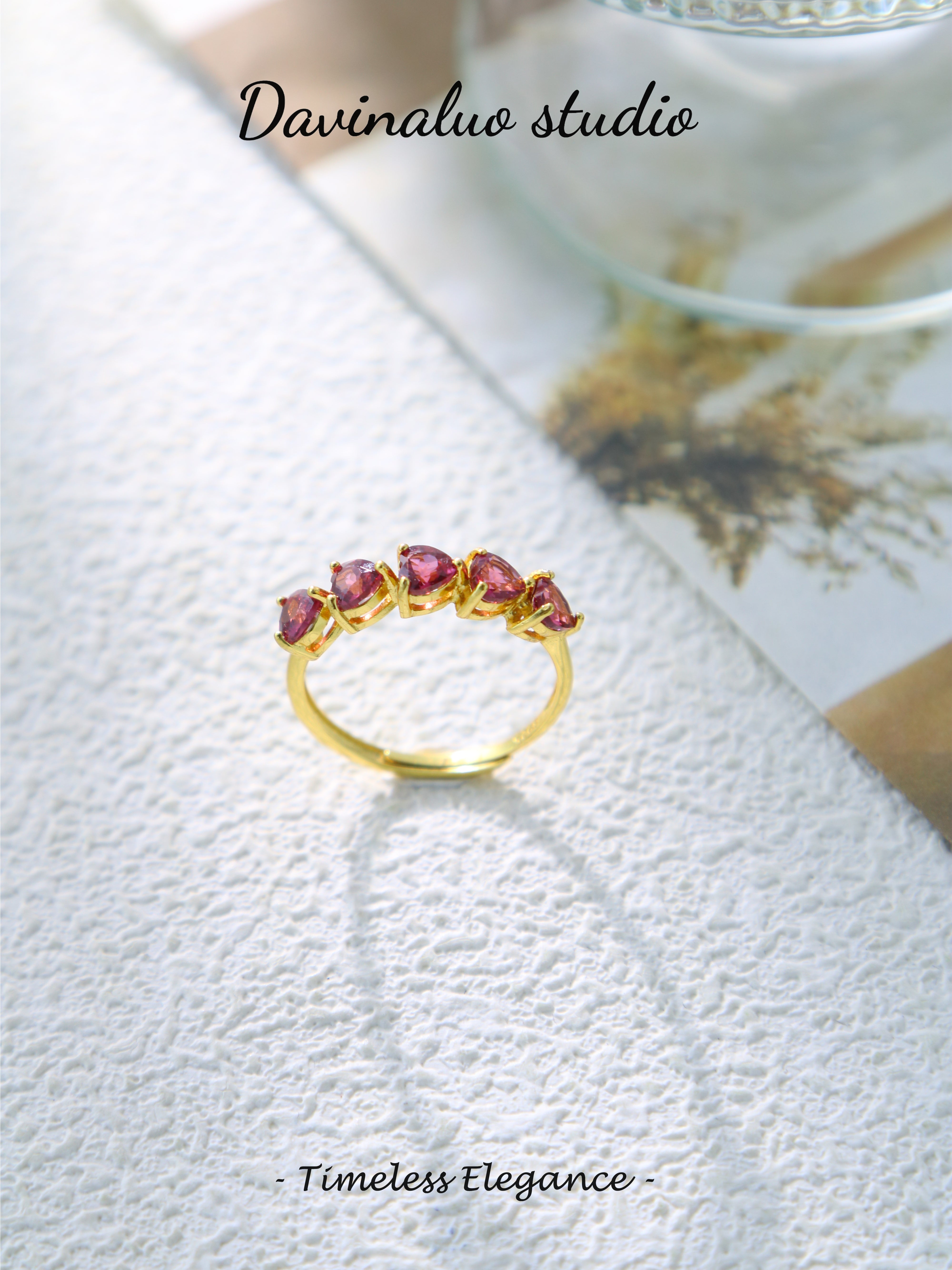 S925 Gold Simple Heart-Cut Garnet Ring
