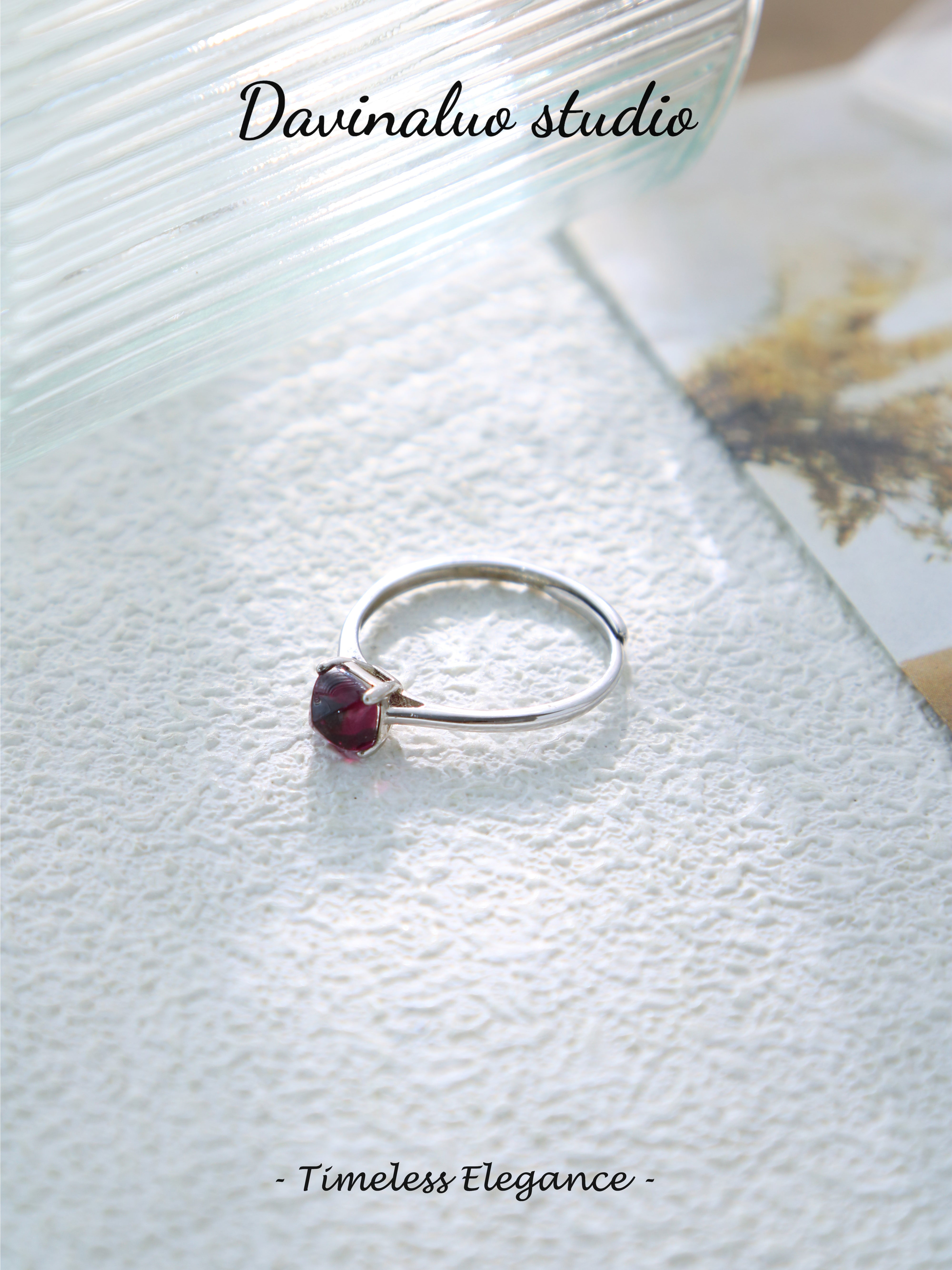 S925 Silver Simple Cushion Cut Garnet Ring