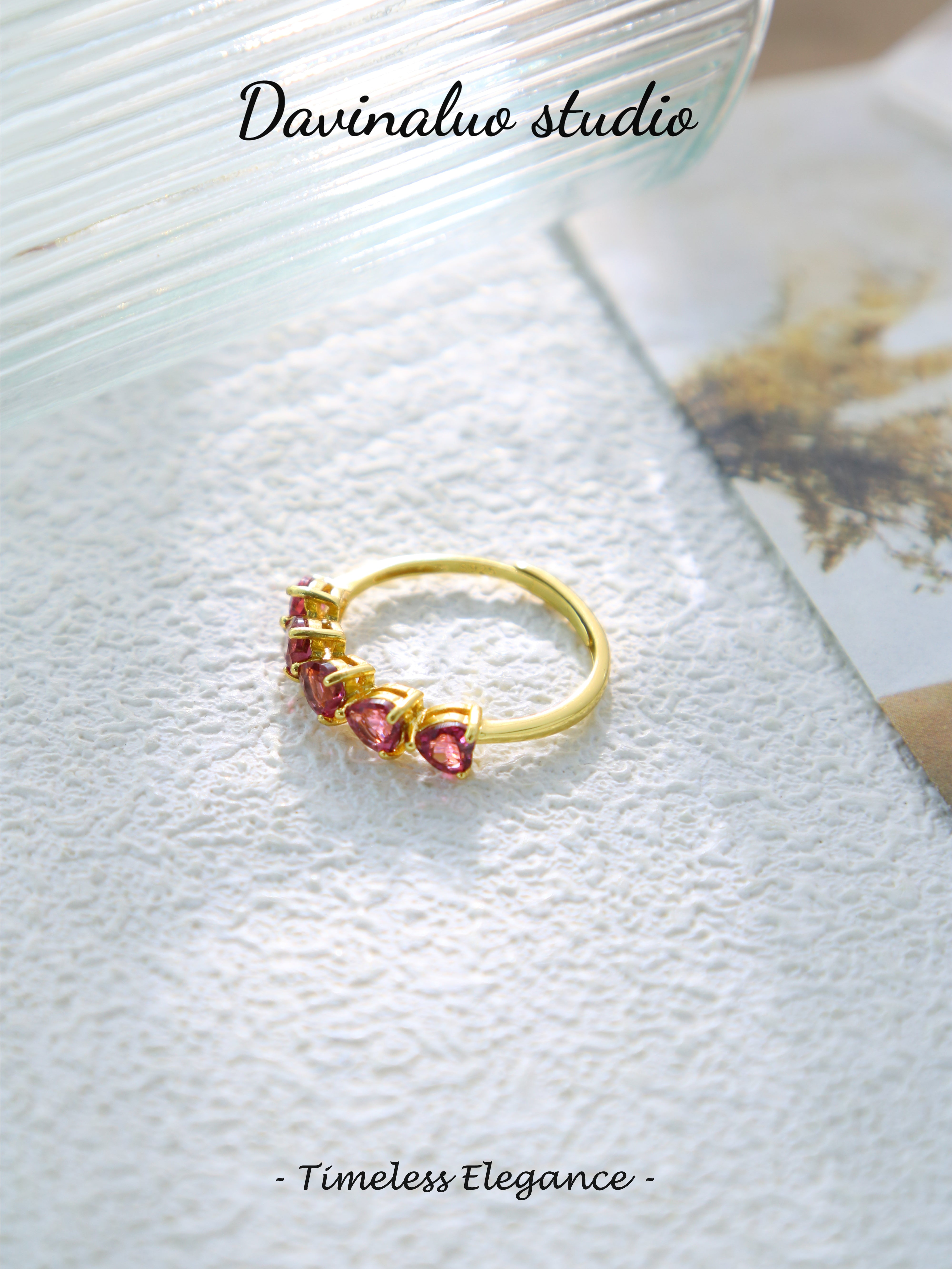 S925 Gold Simple Heart-Cut Garnet Ring