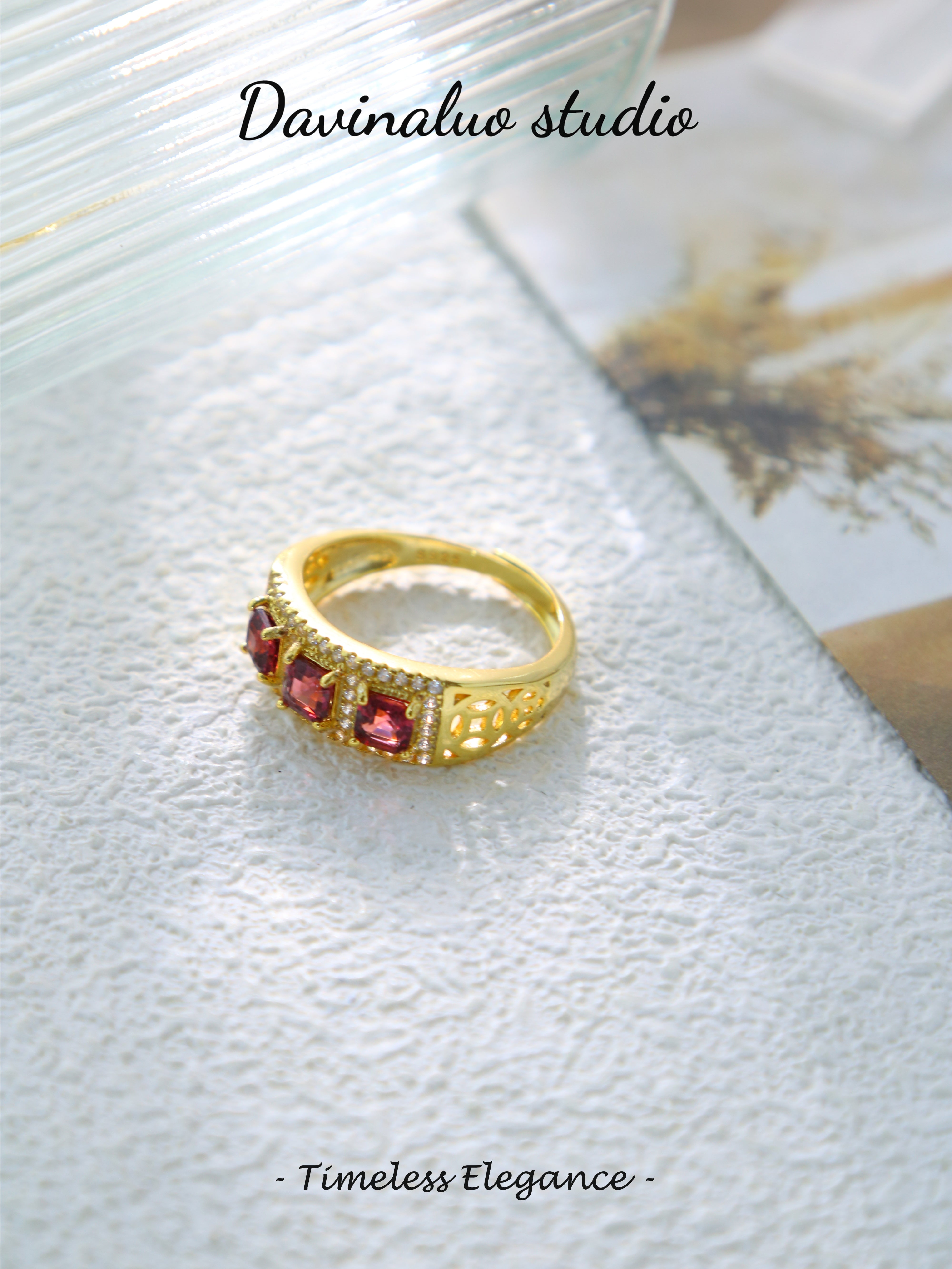 S925 Gold Simple Square Cut Garnet Ring