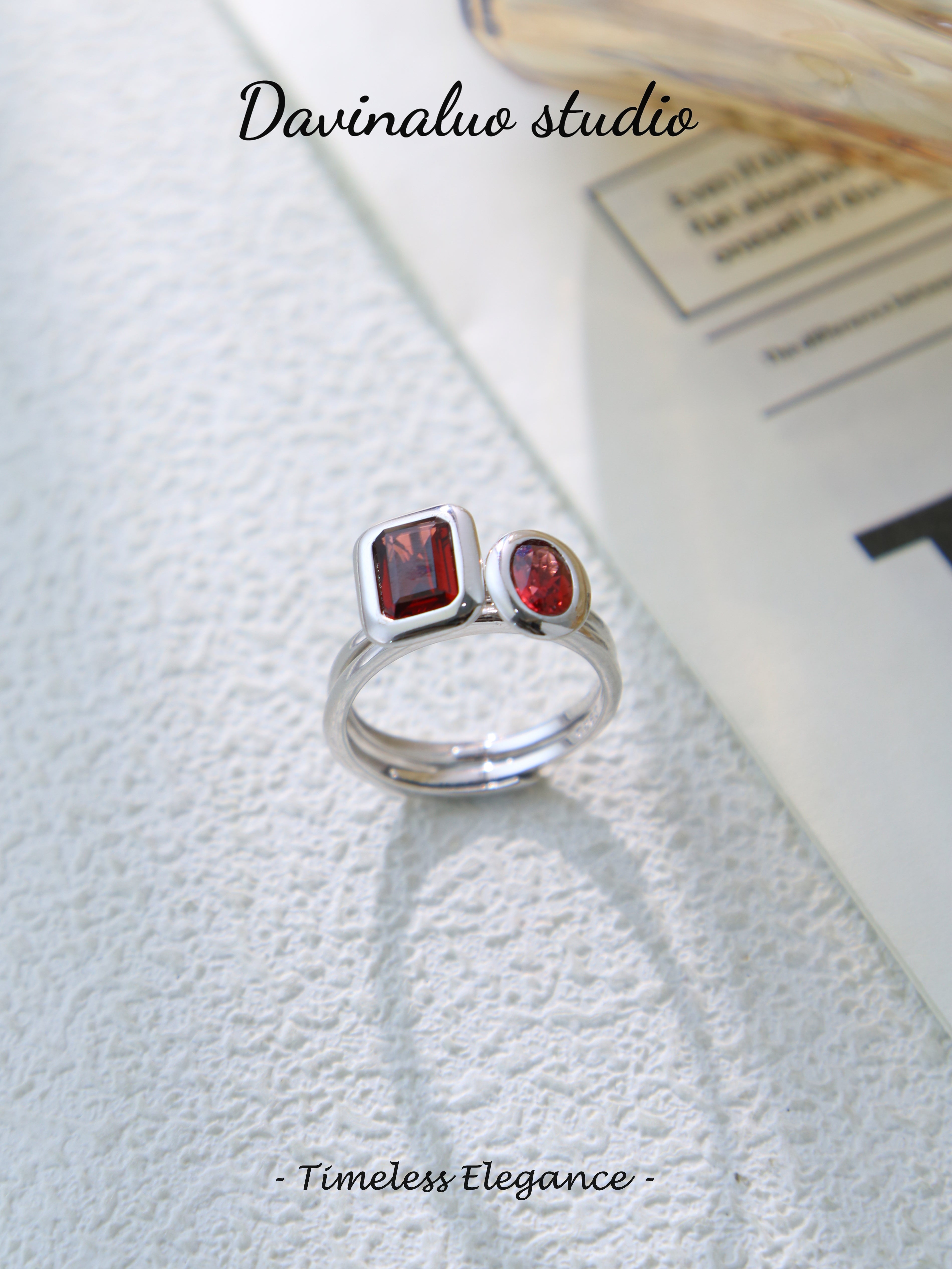 S925 Silver Simple Oval Cut/Emerald Cut Garnet Ring