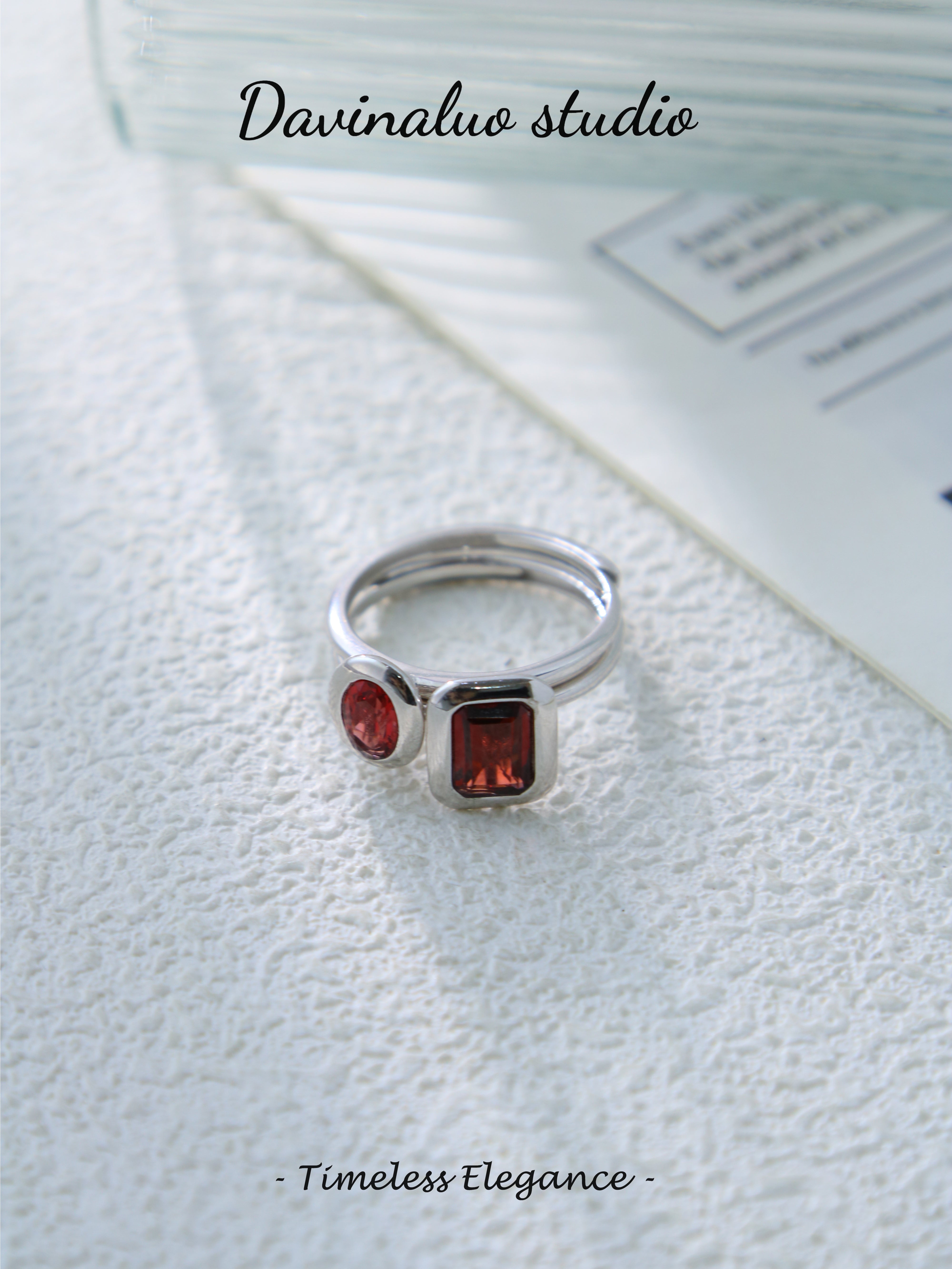 S925 Silver Simple Oval Cut/Emerald Cut Garnet Ring