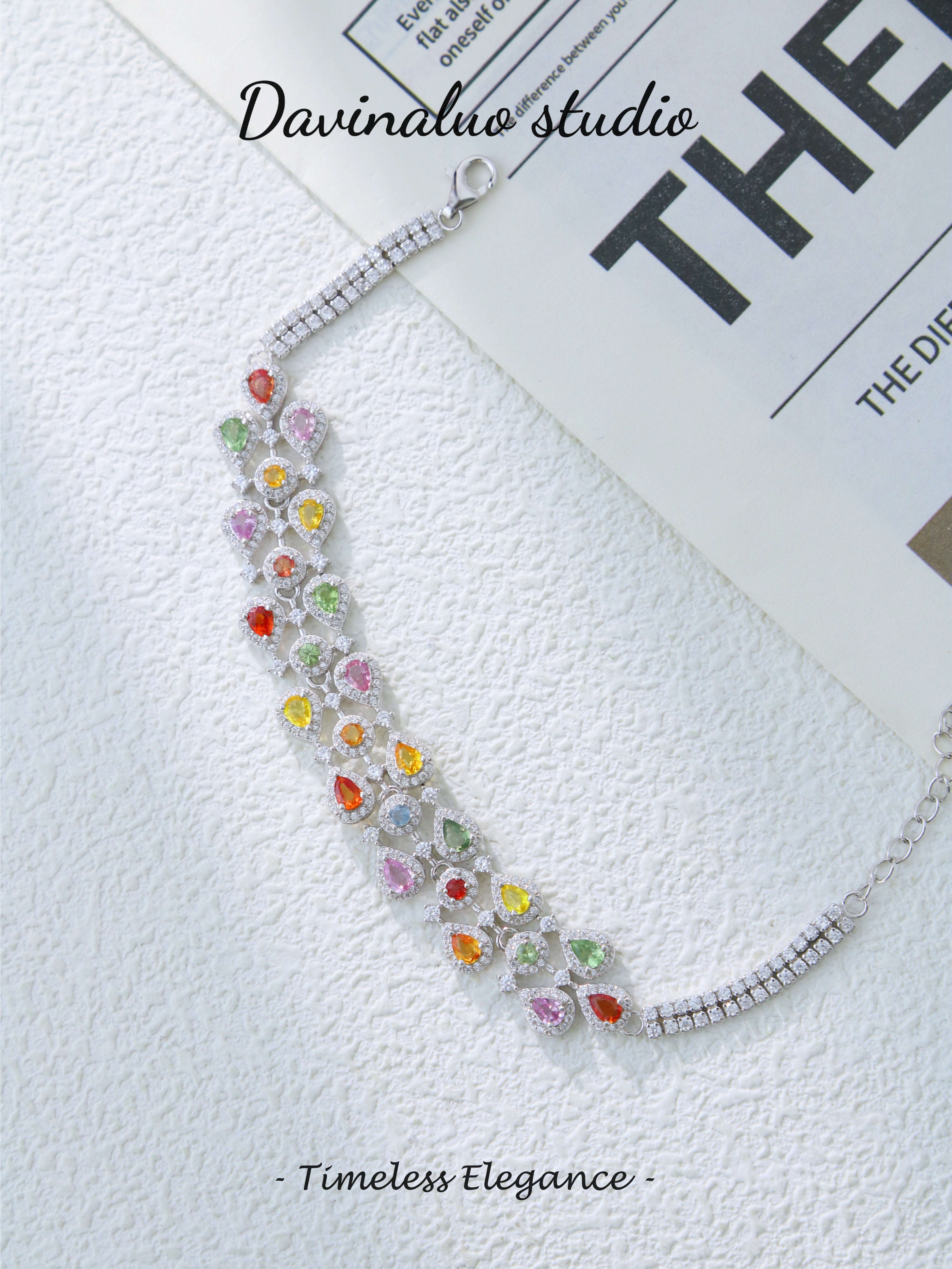 S925 Silver Simple Round/Pear Cut Colored Sapphire Bracelet