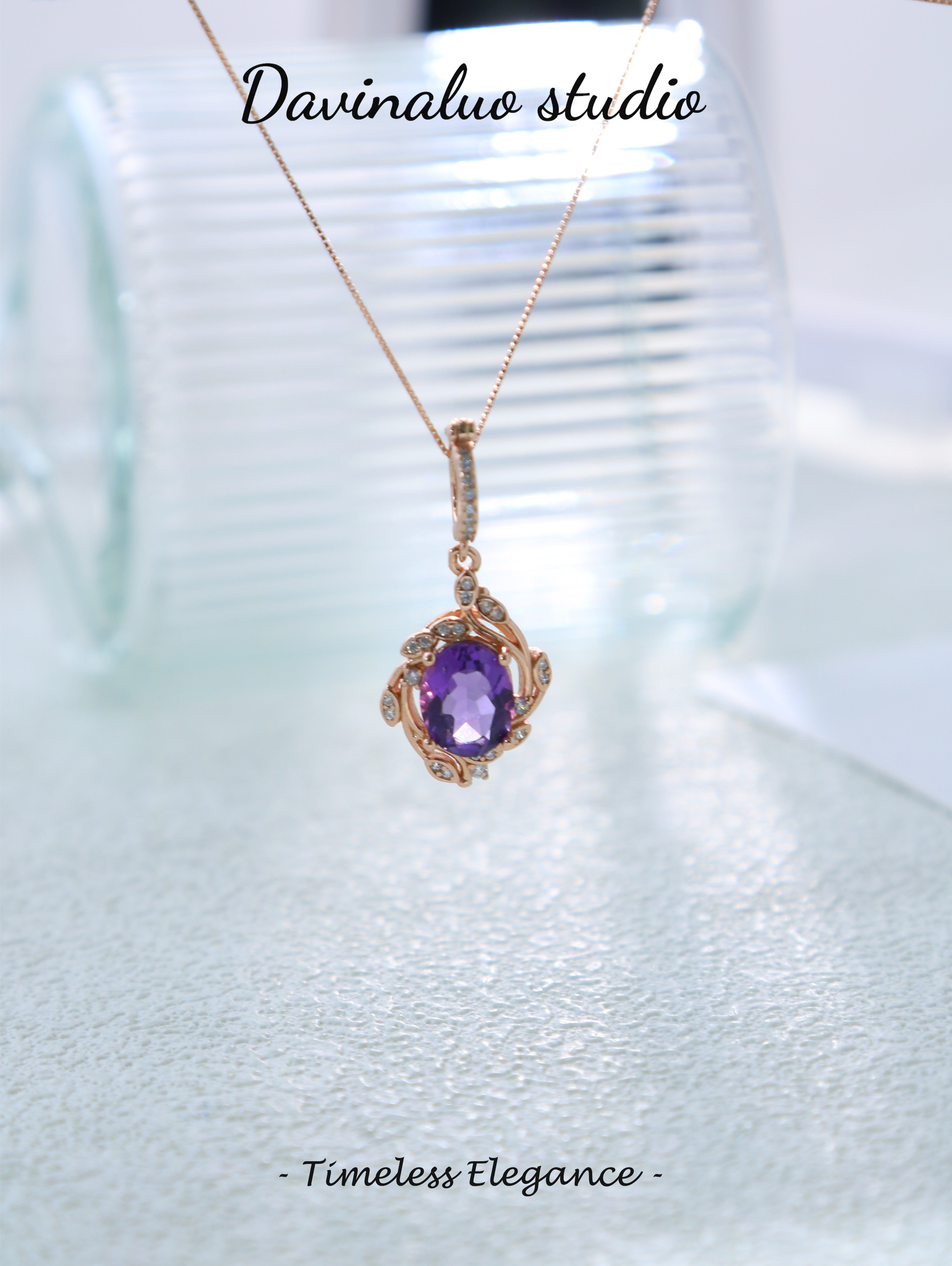 S925 Rose Gold Simple Oval Cut Amethyst Pendant