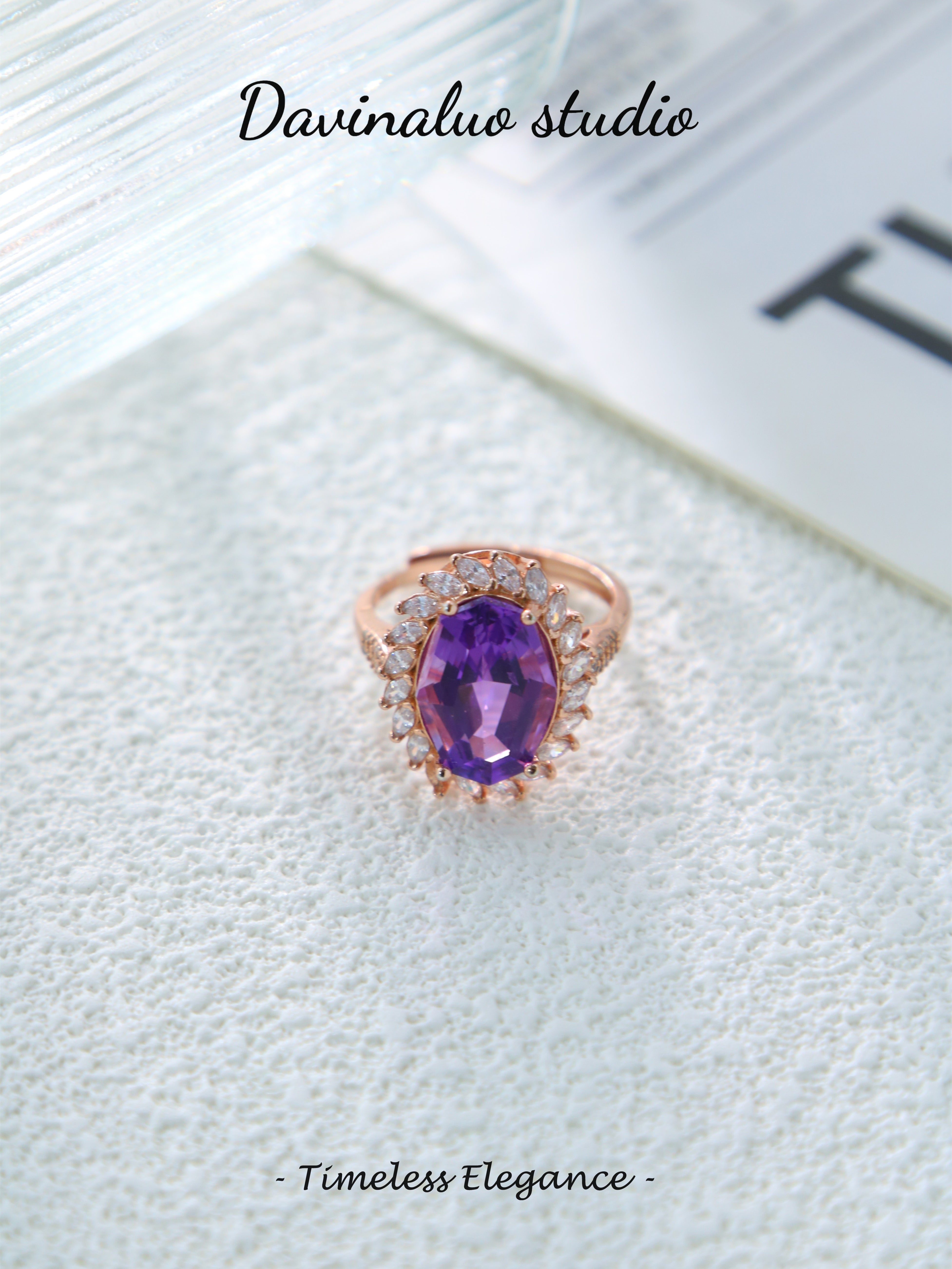S925 Rose Gold Simple Oval Cut Amethyst Ring