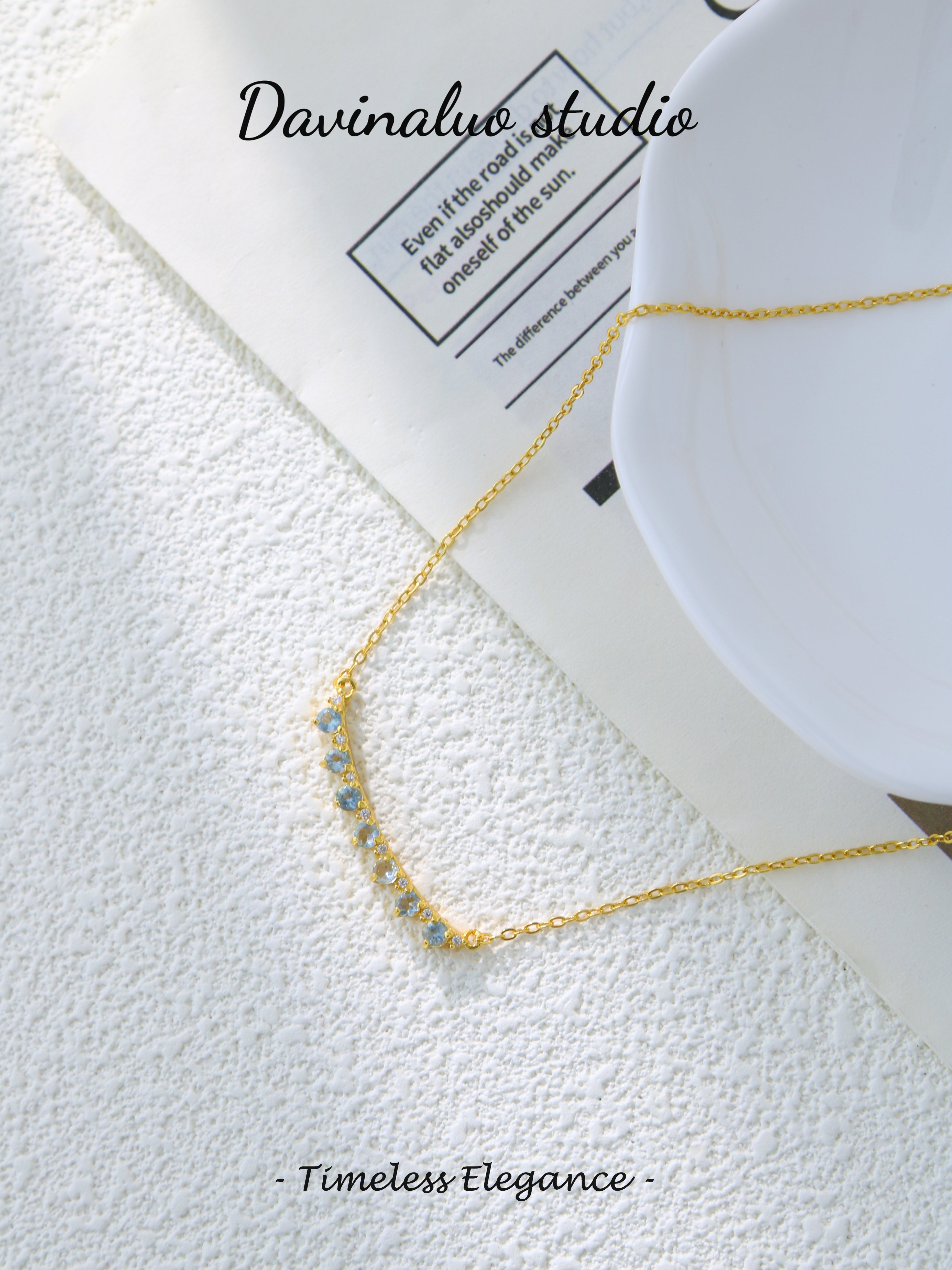 S925 Gold Simple Circular Cut Aquamarine Necklace