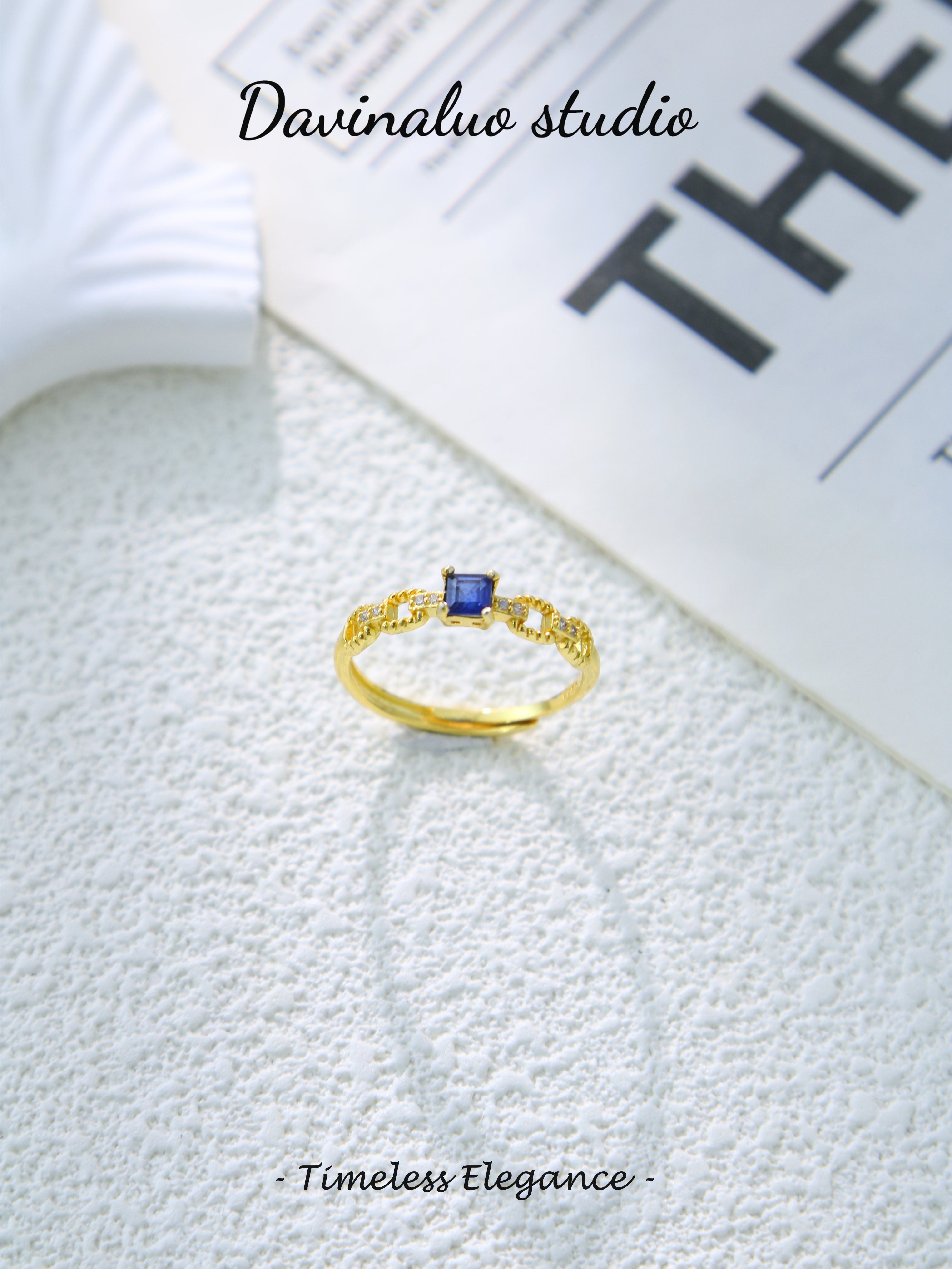 S925 Gold Simple Square Cut Sapphire Ring