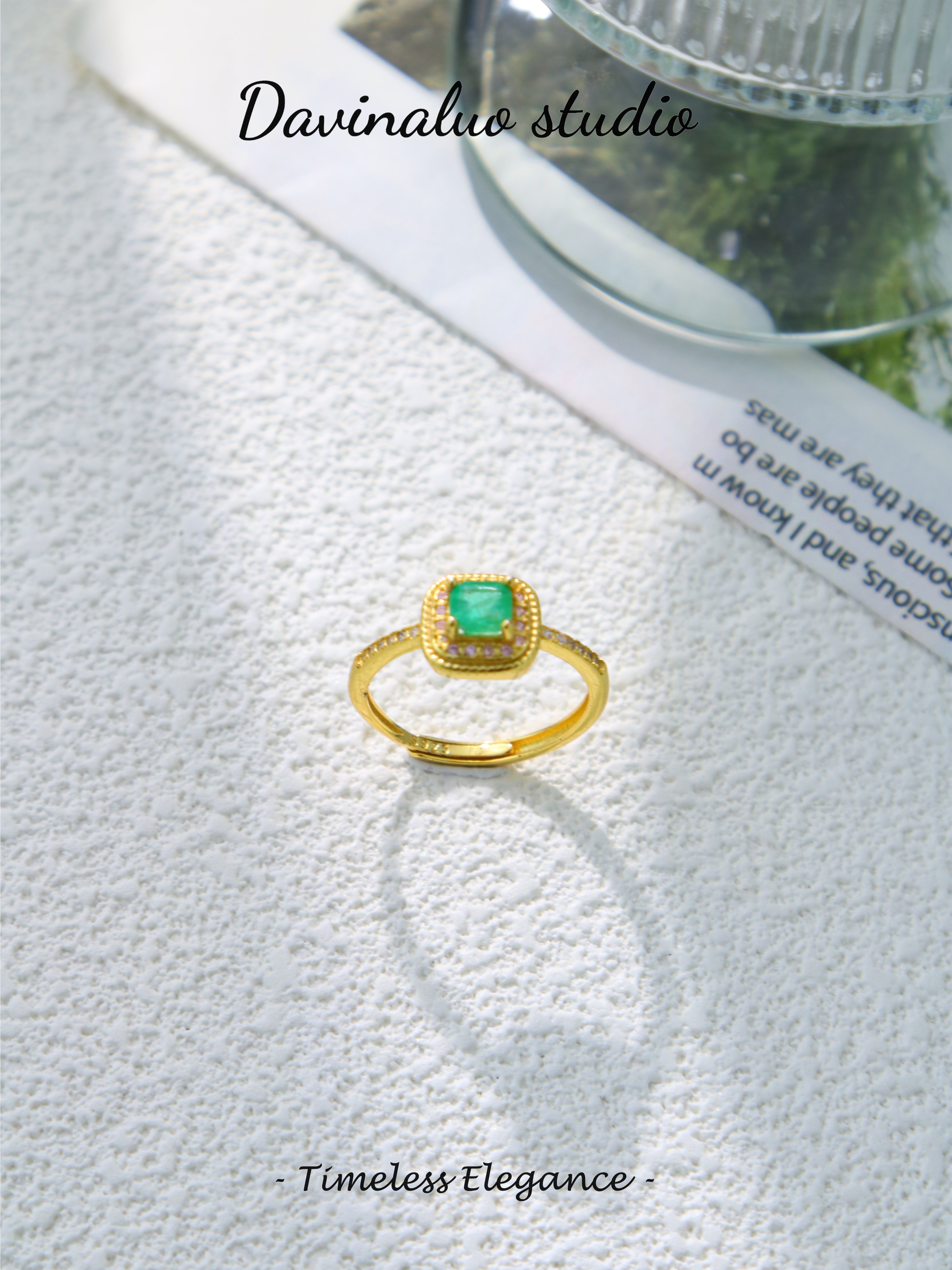 S925 Gold Simple Square Cut Emerald Ring
