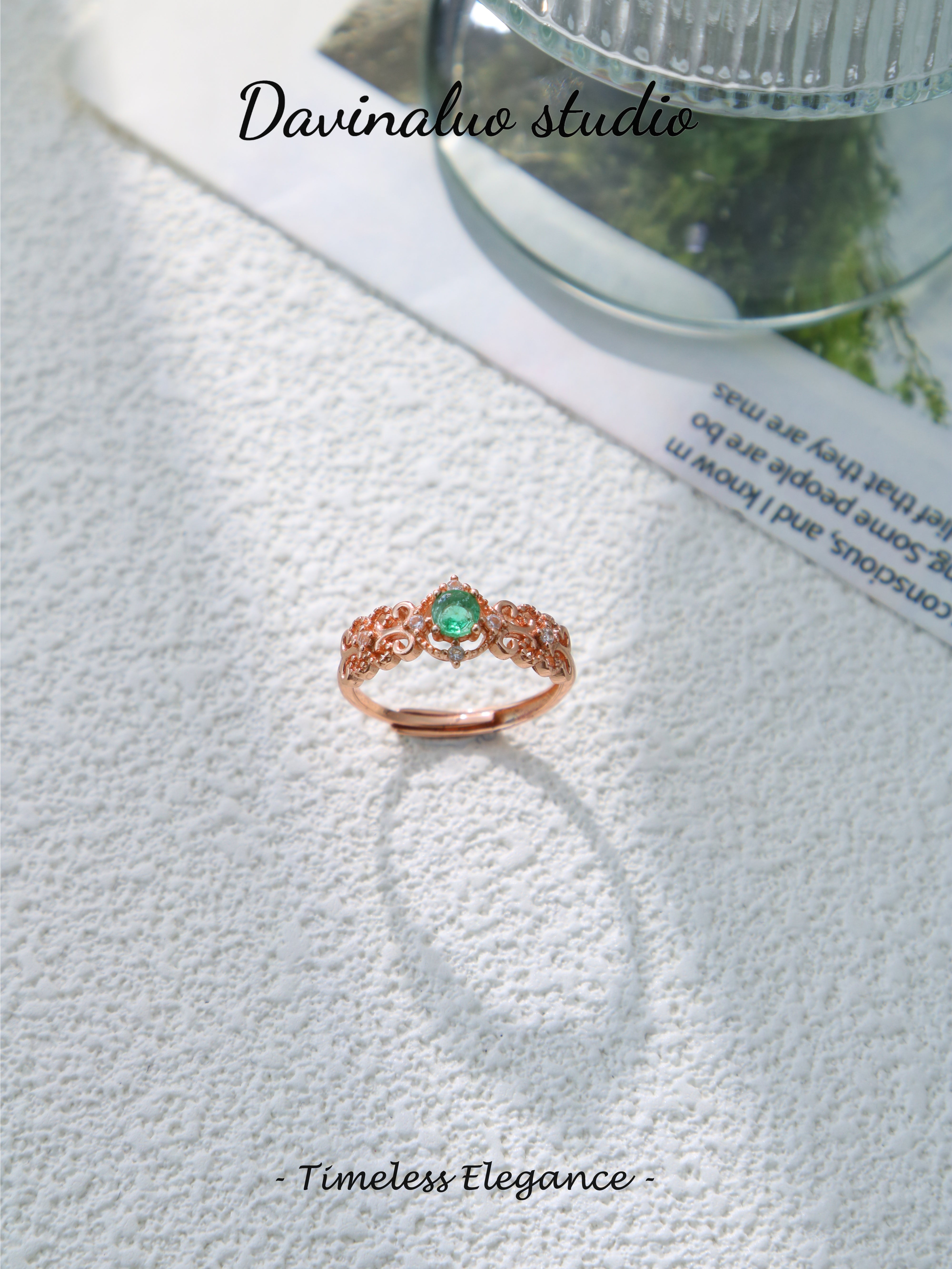 S925 Rose Gold Simple Circular Cut Emerald Ring
