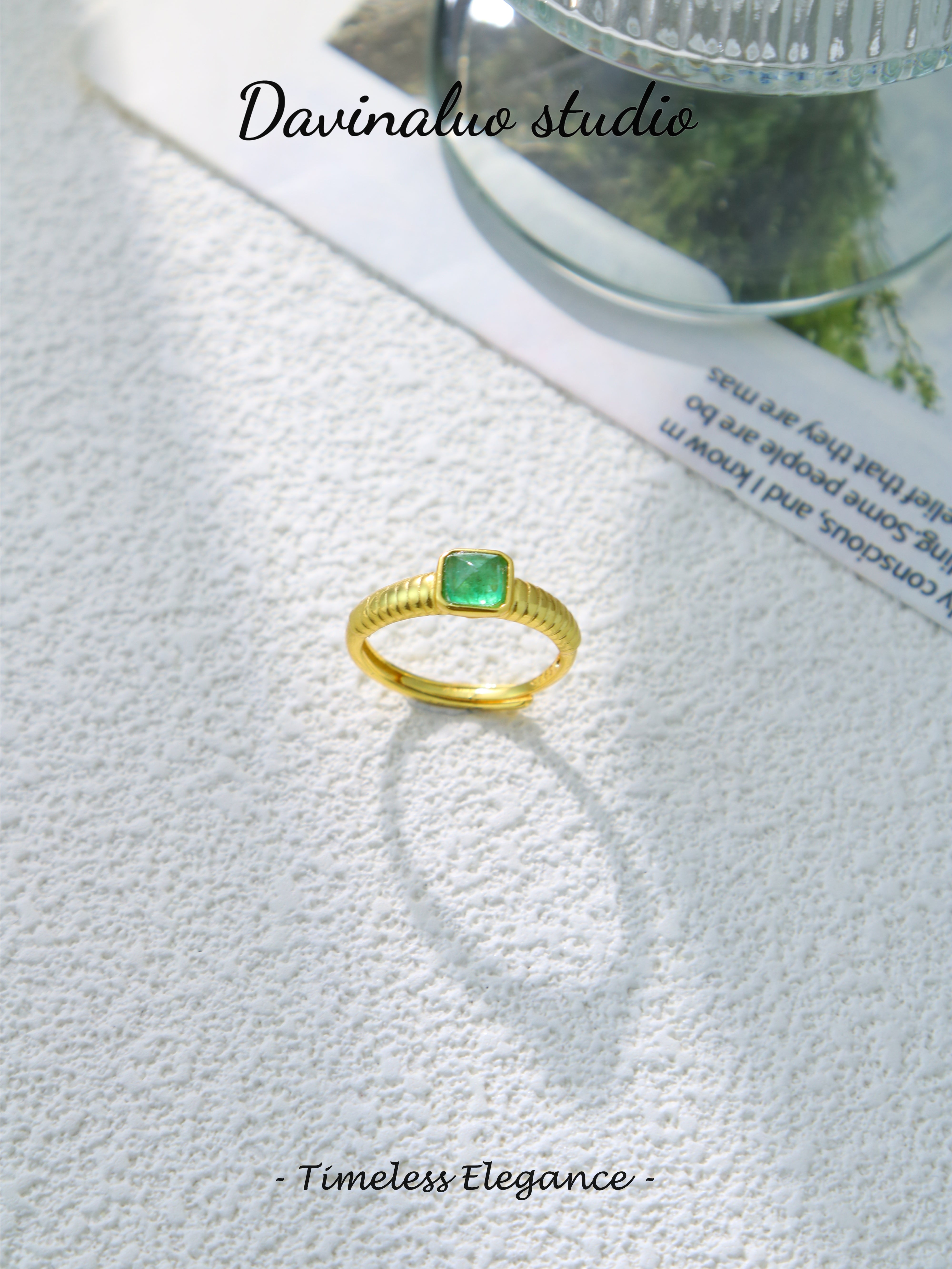 S925 Gold Simple Pillow Cut Emerald Ring