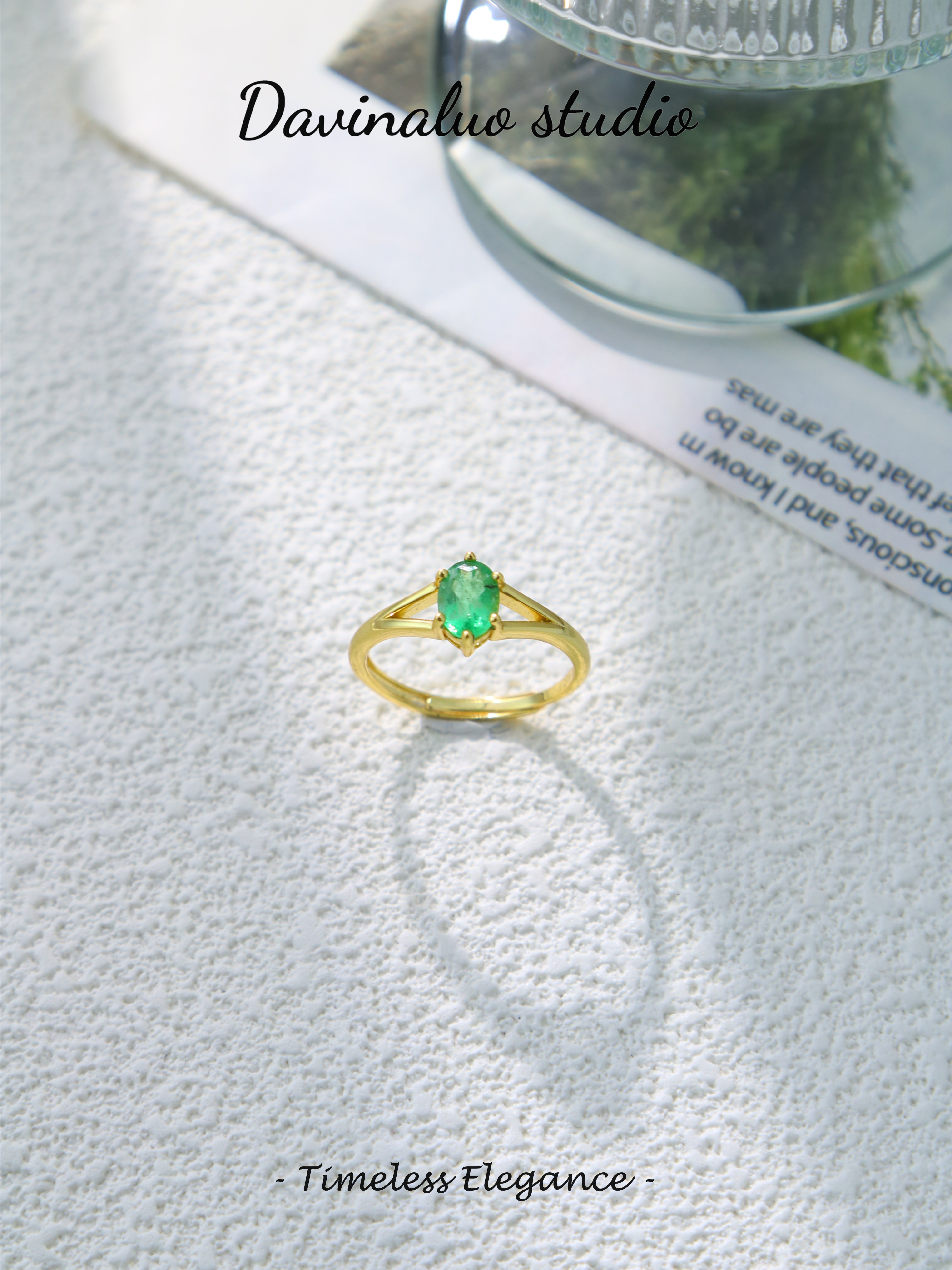S925 Gold Simple Oval Cut Emerald Ring