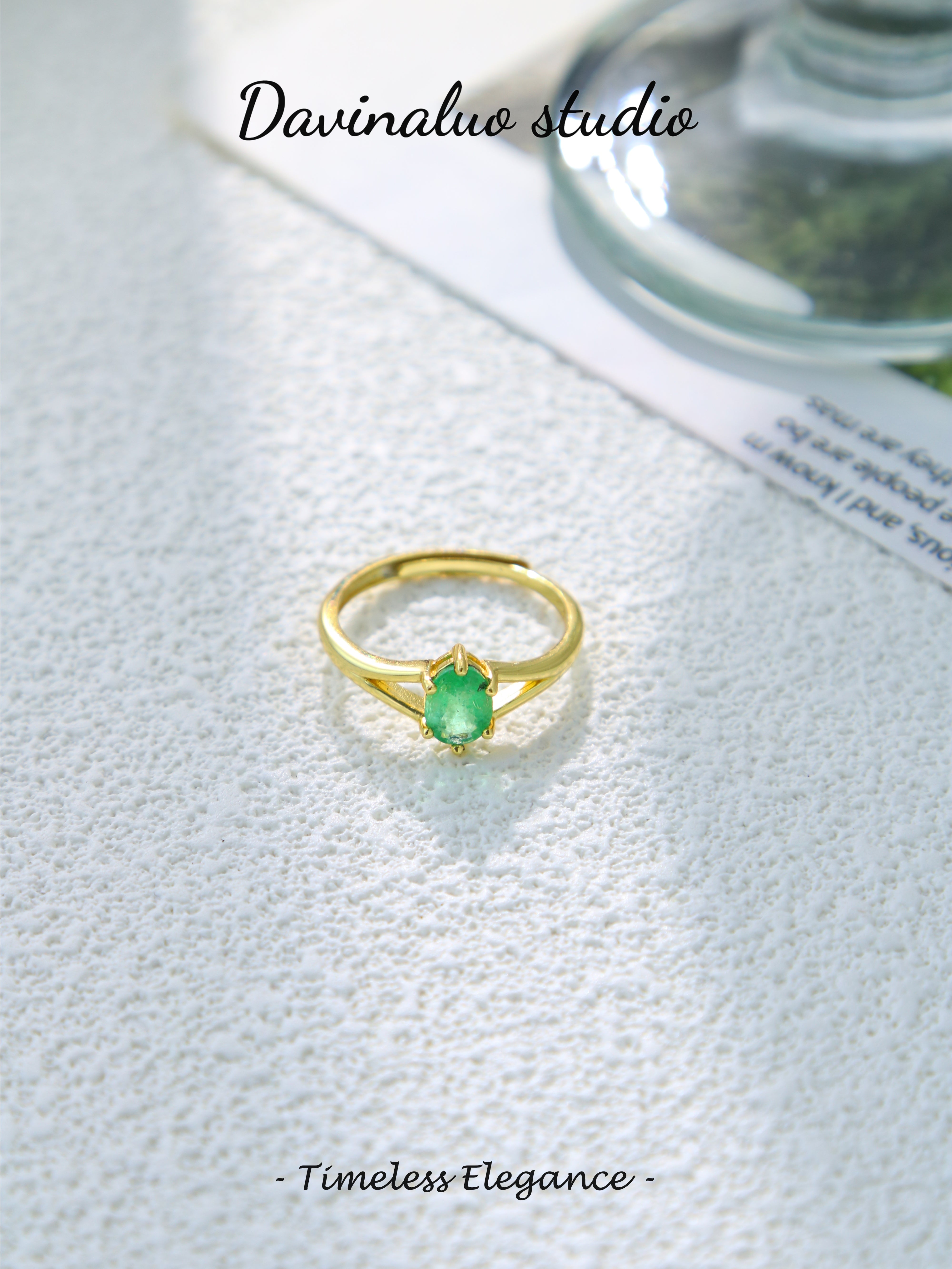 S925 Gold Simple Oval Cut Emerald Ring