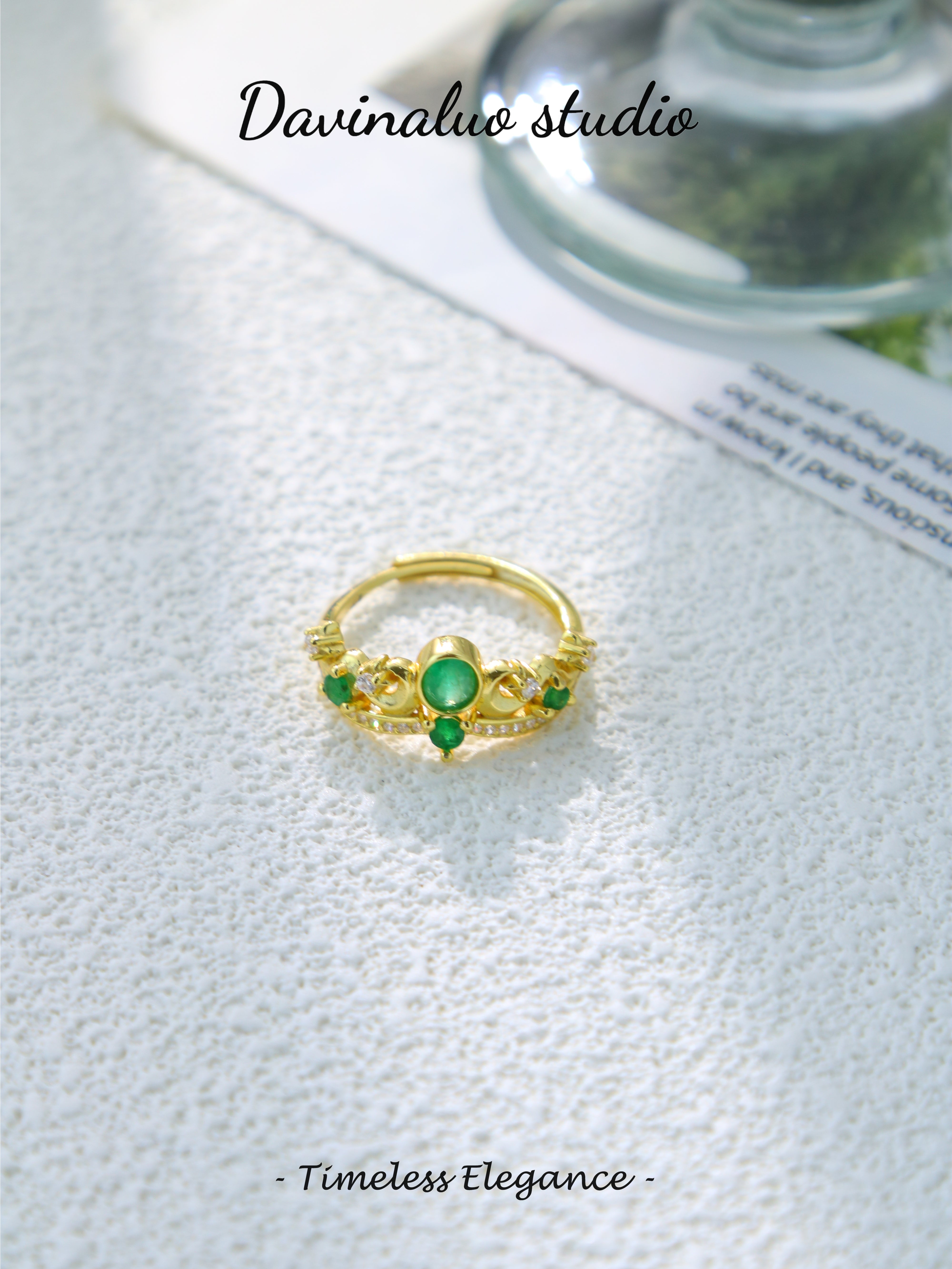 S925 Gold Simple Circular Cut Emerald Ring