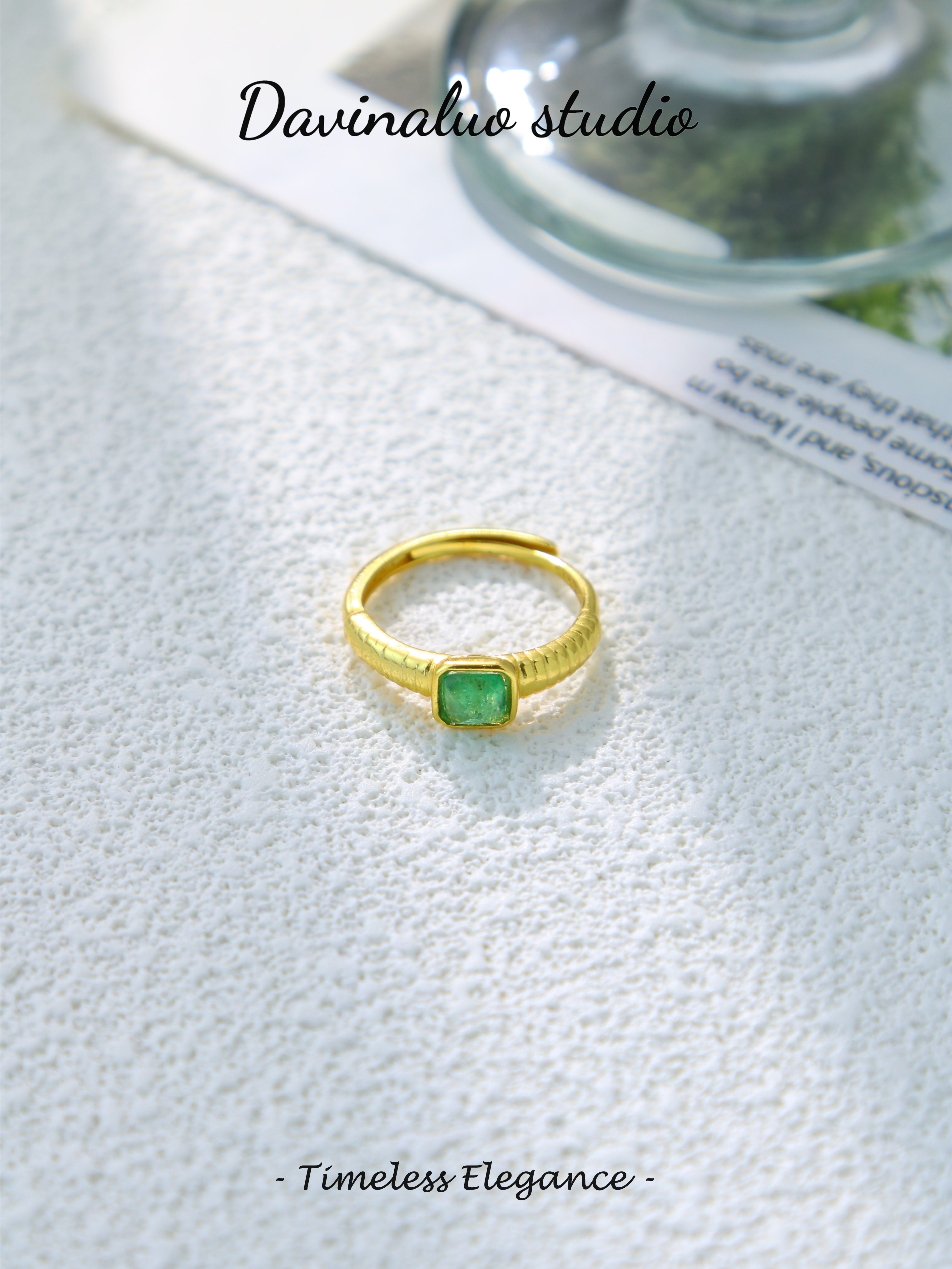 S925 Gold Simple Pillow Cut Emerald Ring